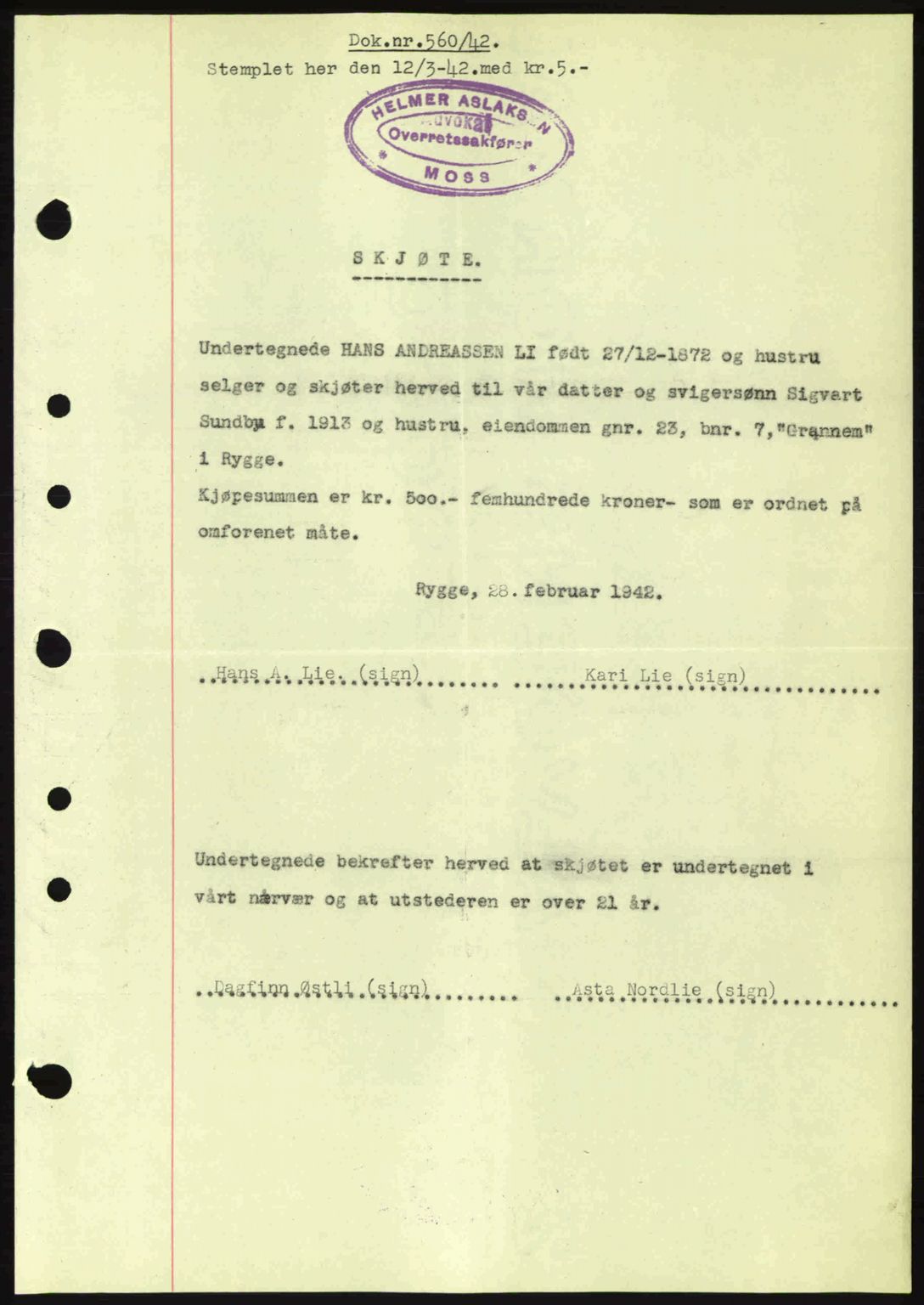 Moss sorenskriveri, SAO/A-10168: Mortgage book no. A9, 1941-1942, Diary no: : 560/1942