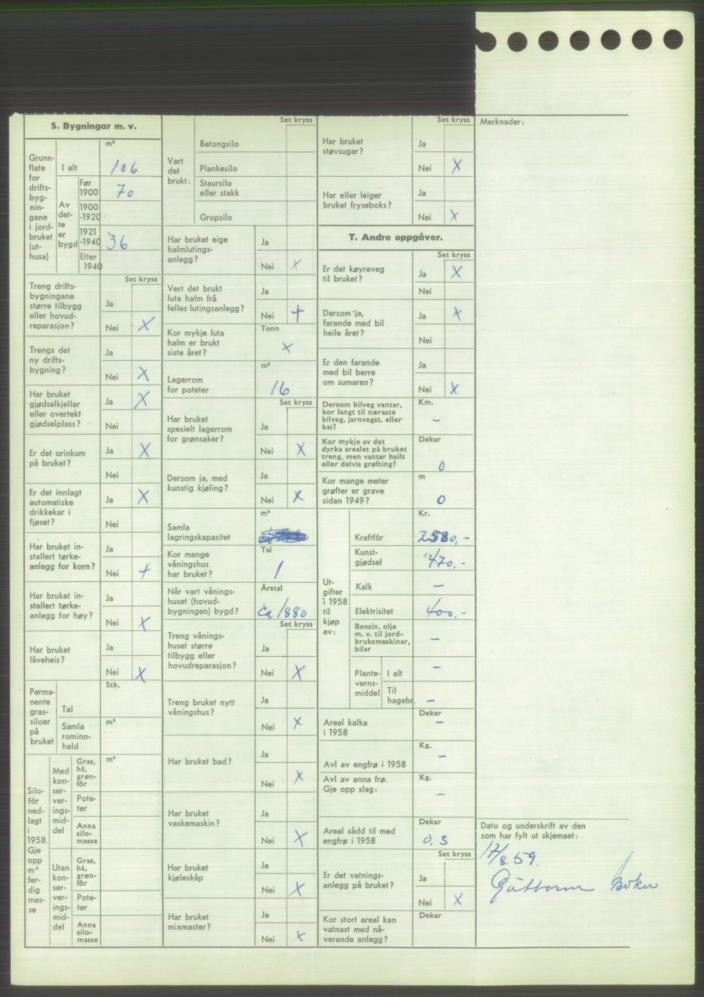 Statistisk sentralbyrå, Næringsøkonomiske emner, Jordbruk, skogbruk, jakt, fiske og fangst, AV/RA-S-2234/G/Gd/L0373: Rogaland: 1130 Strand (kl. 1-2), 1131 Årdal og 1132 Fister, 1959, p. 1776