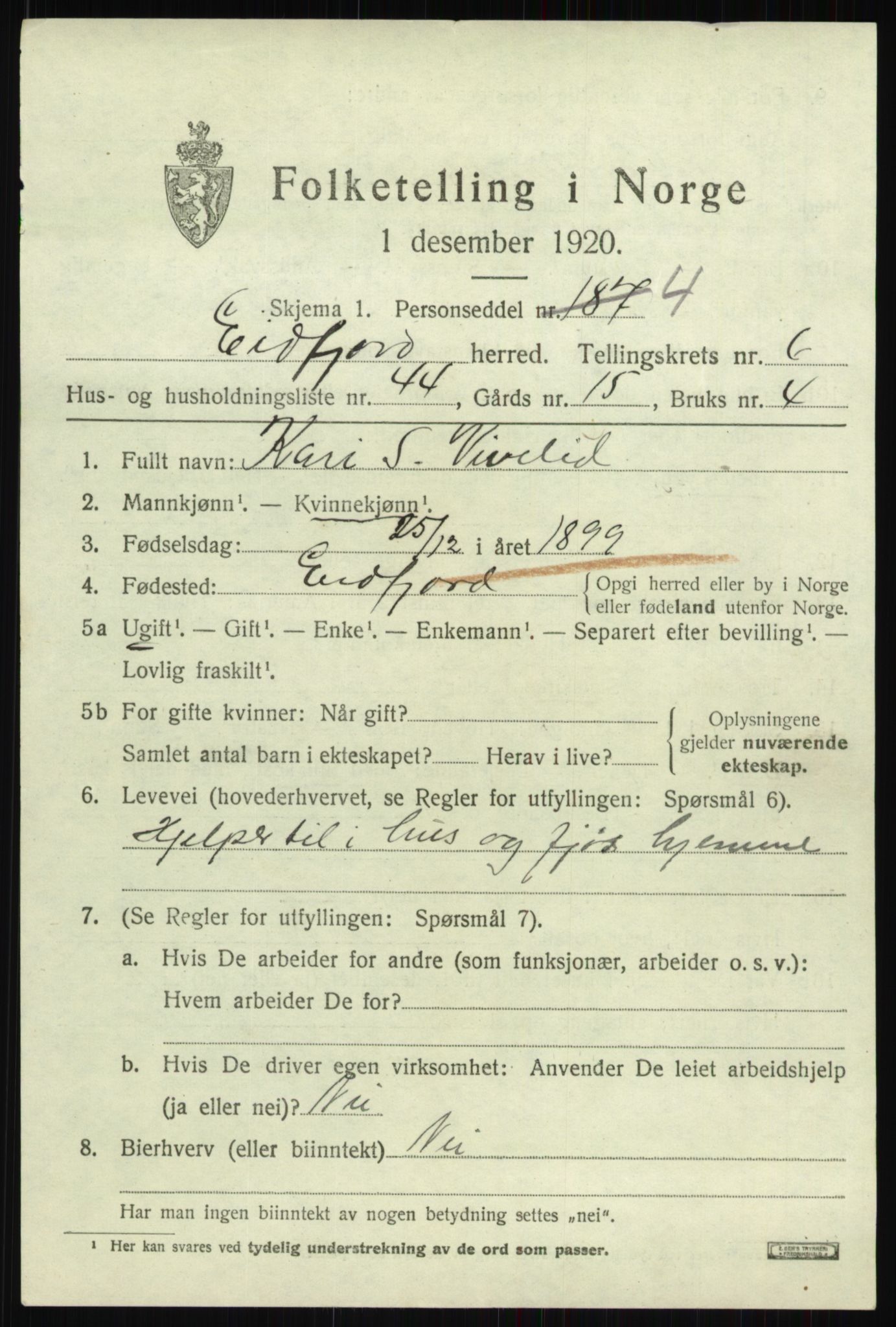 SAB, 1920 census for Eidfjord, 1920, p. 2292