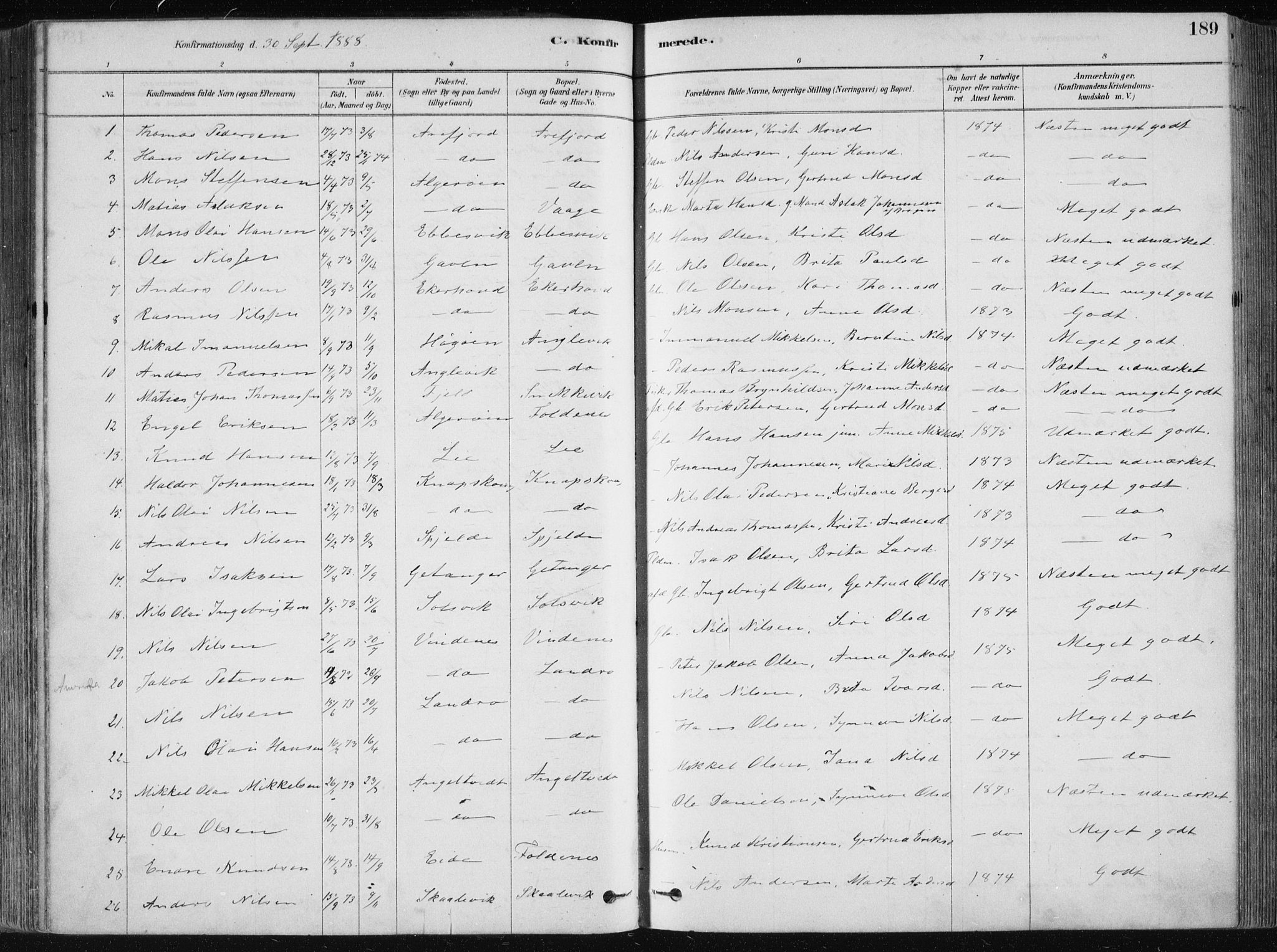 Fjell sokneprestembete, SAB/A-75301/H/Haa: Parish register (official) no. A  8, 1878-1898, p. 189
