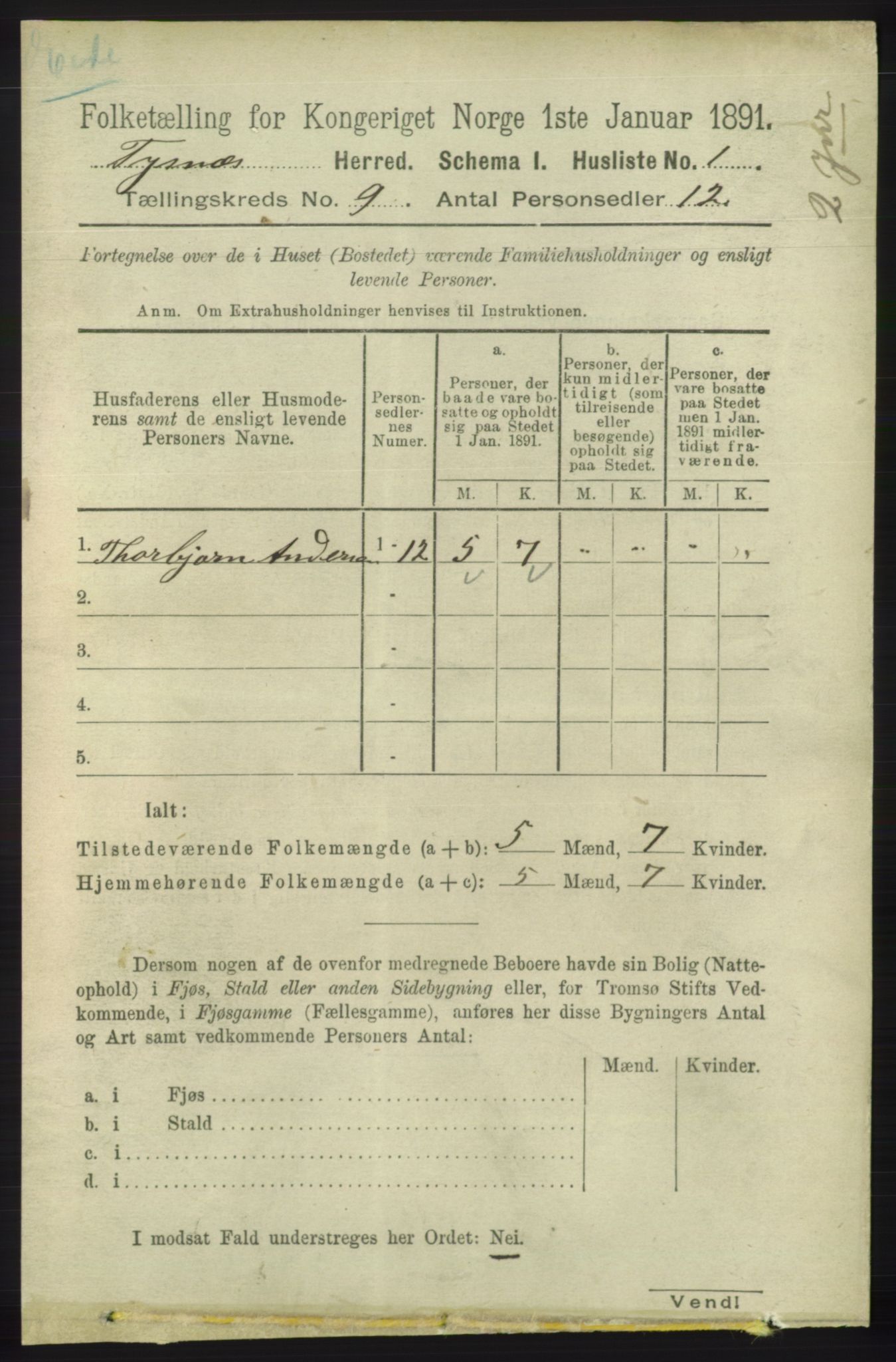 RA, 1891 census for 1223 Tysnes, 1891, p. 4139