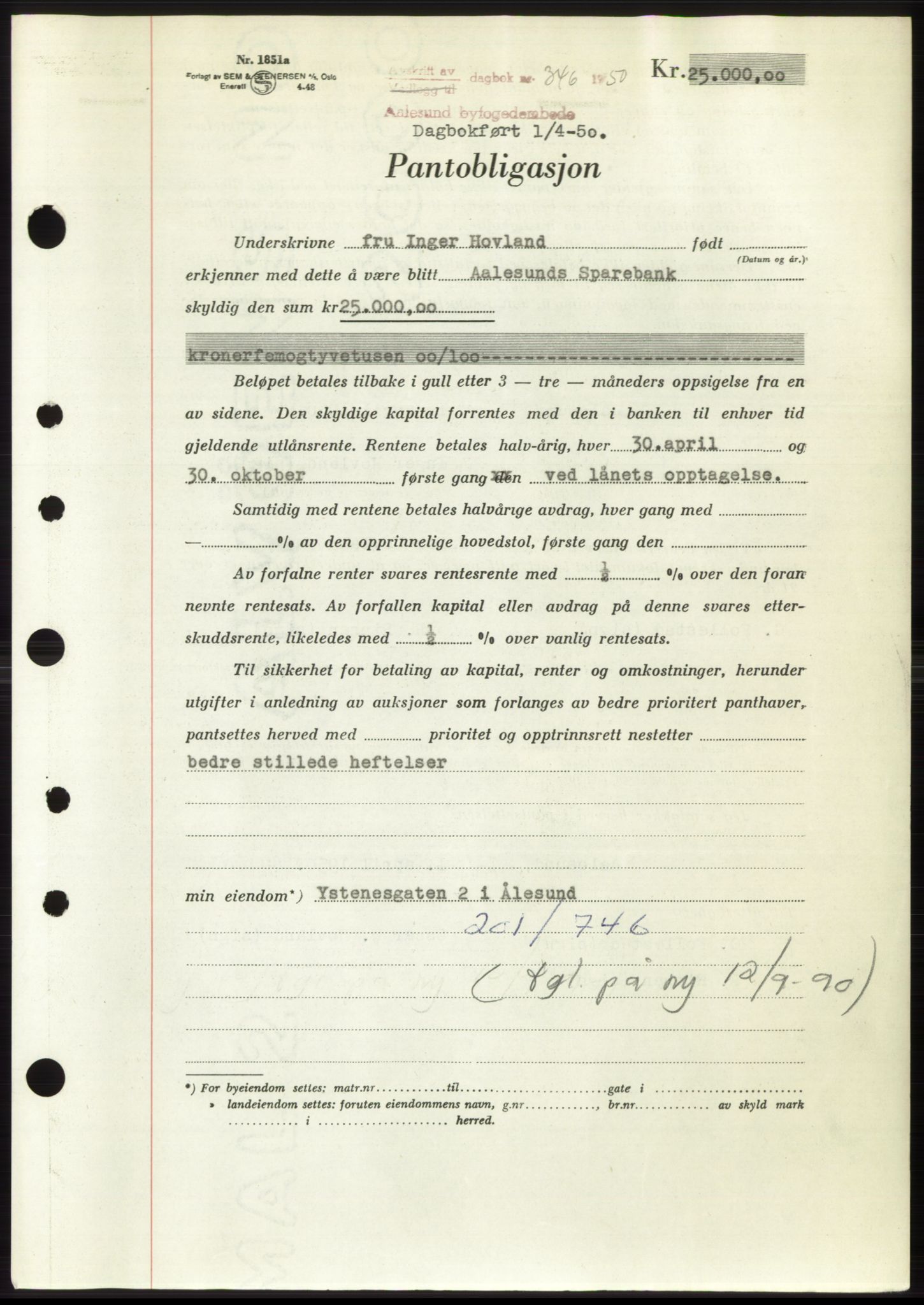 Ålesund byfogd, AV/SAT-A-4384: Mortgage book no. B36-38, 1948-1950, Diary no: : 346/1950