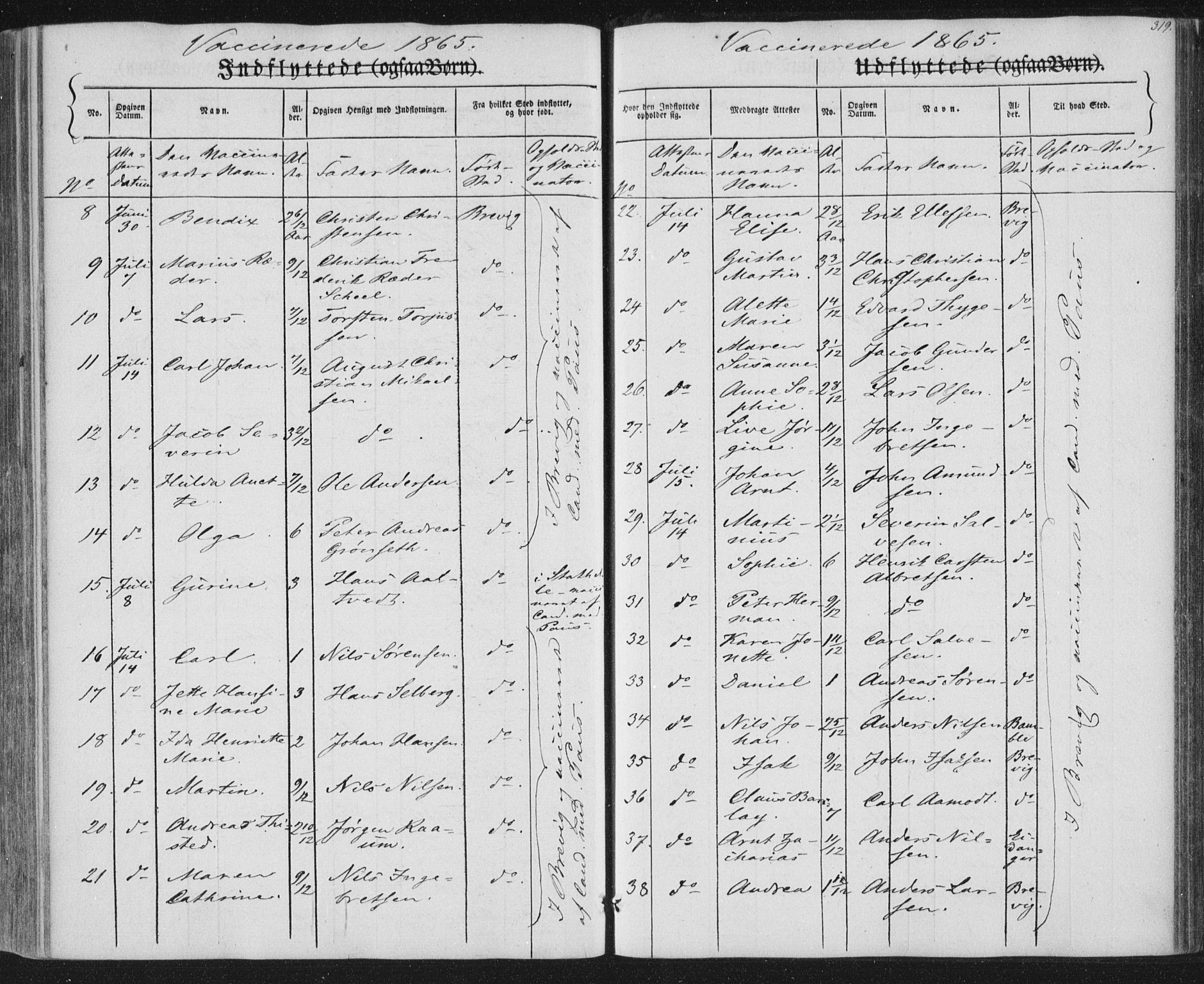 Brevik kirkebøker, SAKO/A-255/F/Fa/L0005: Parish register (official) no. 5, 1847-1865, p. 319