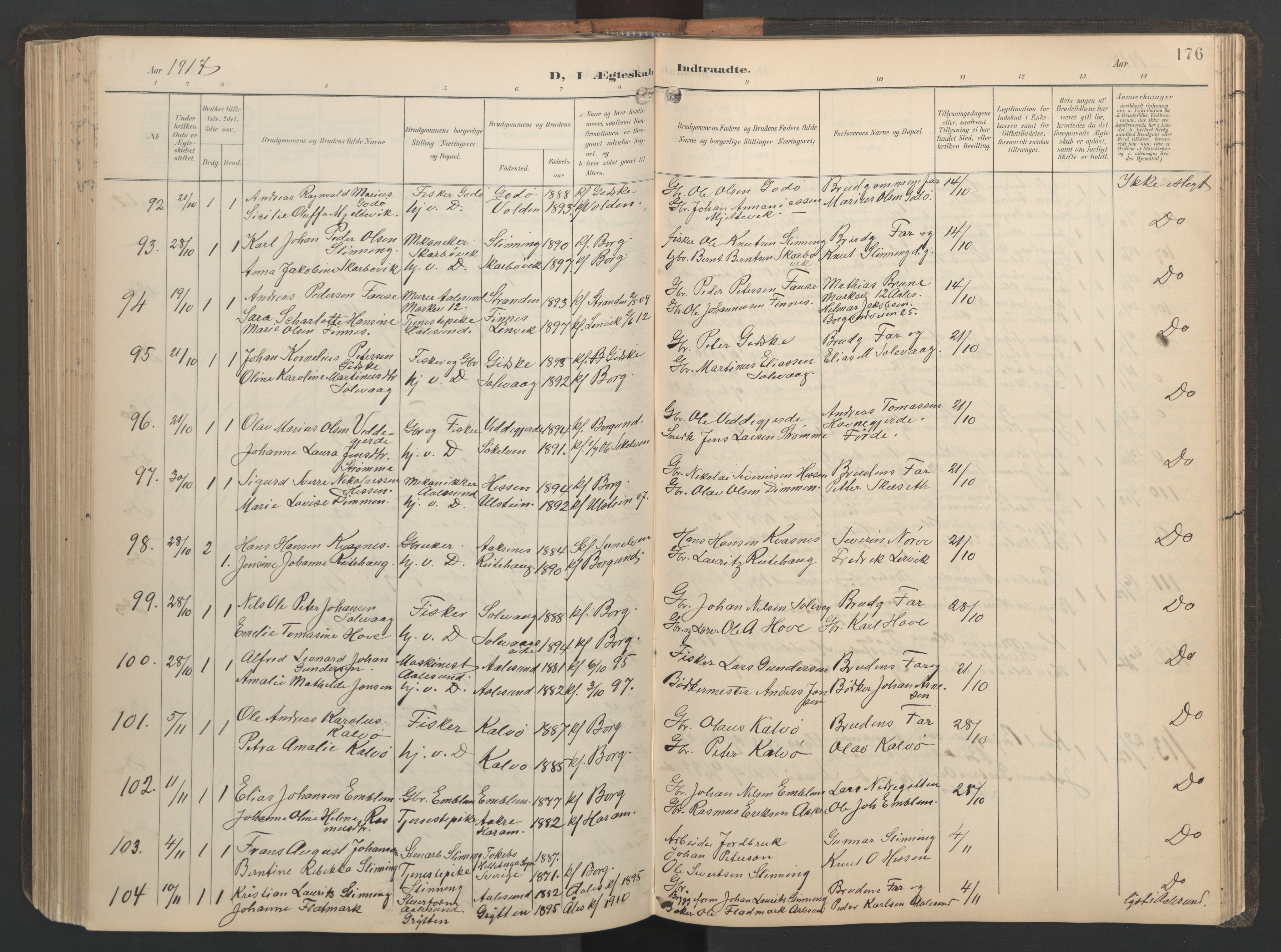 Ministerialprotokoller, klokkerbøker og fødselsregistre - Møre og Romsdal, AV/SAT-A-1454/528/L0433: Parish register (copy) no. 528C14, 1899-1922, p. 176