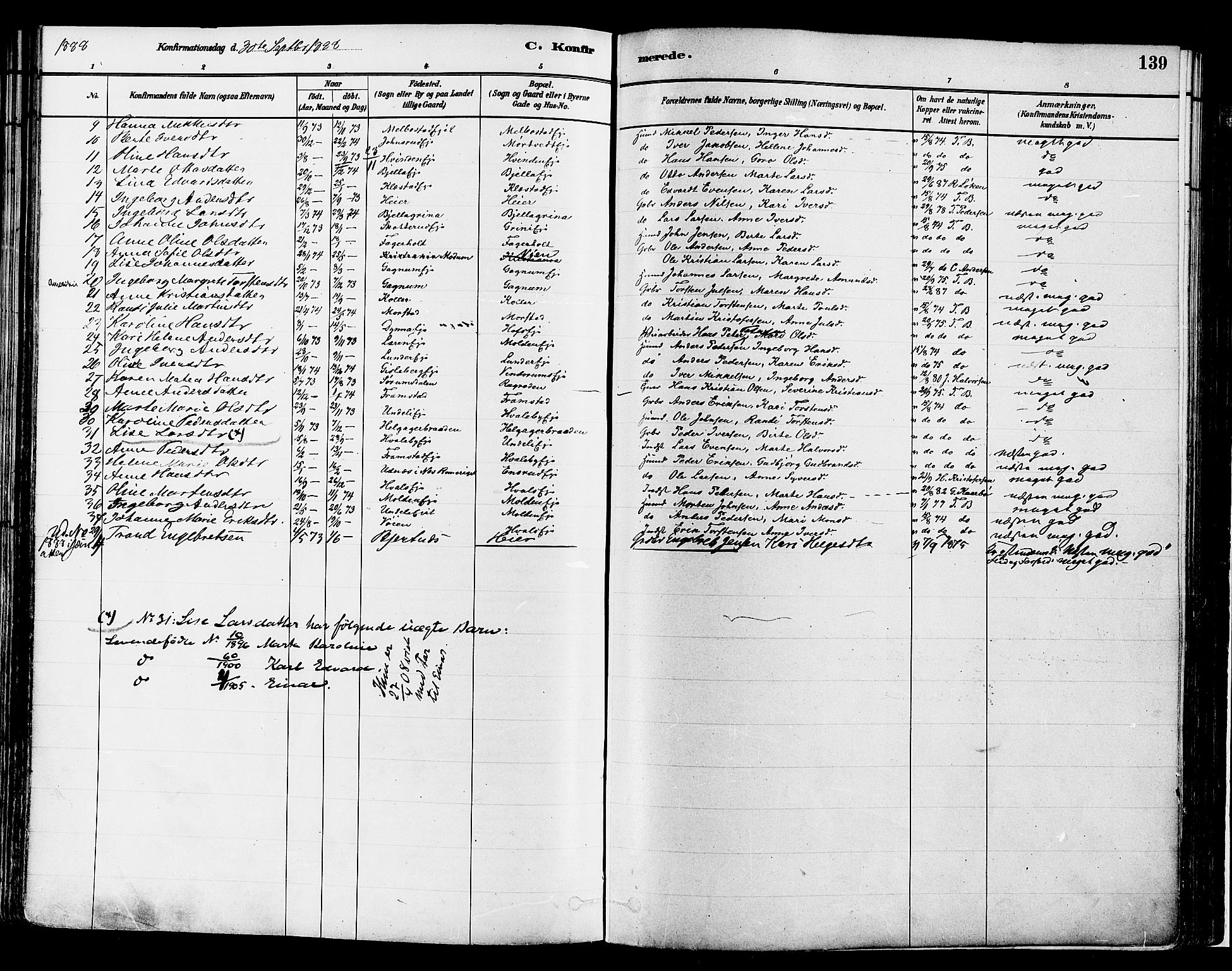 Gran prestekontor, SAH/PREST-112/H/Ha/Haa/L0014: Parish register (official) no. 14, 1880-1889, p. 139