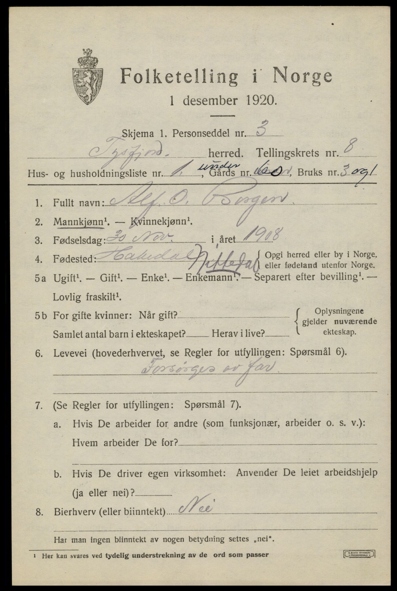 SAT, 1920 census for Tysfjord, 1920, p. 5865