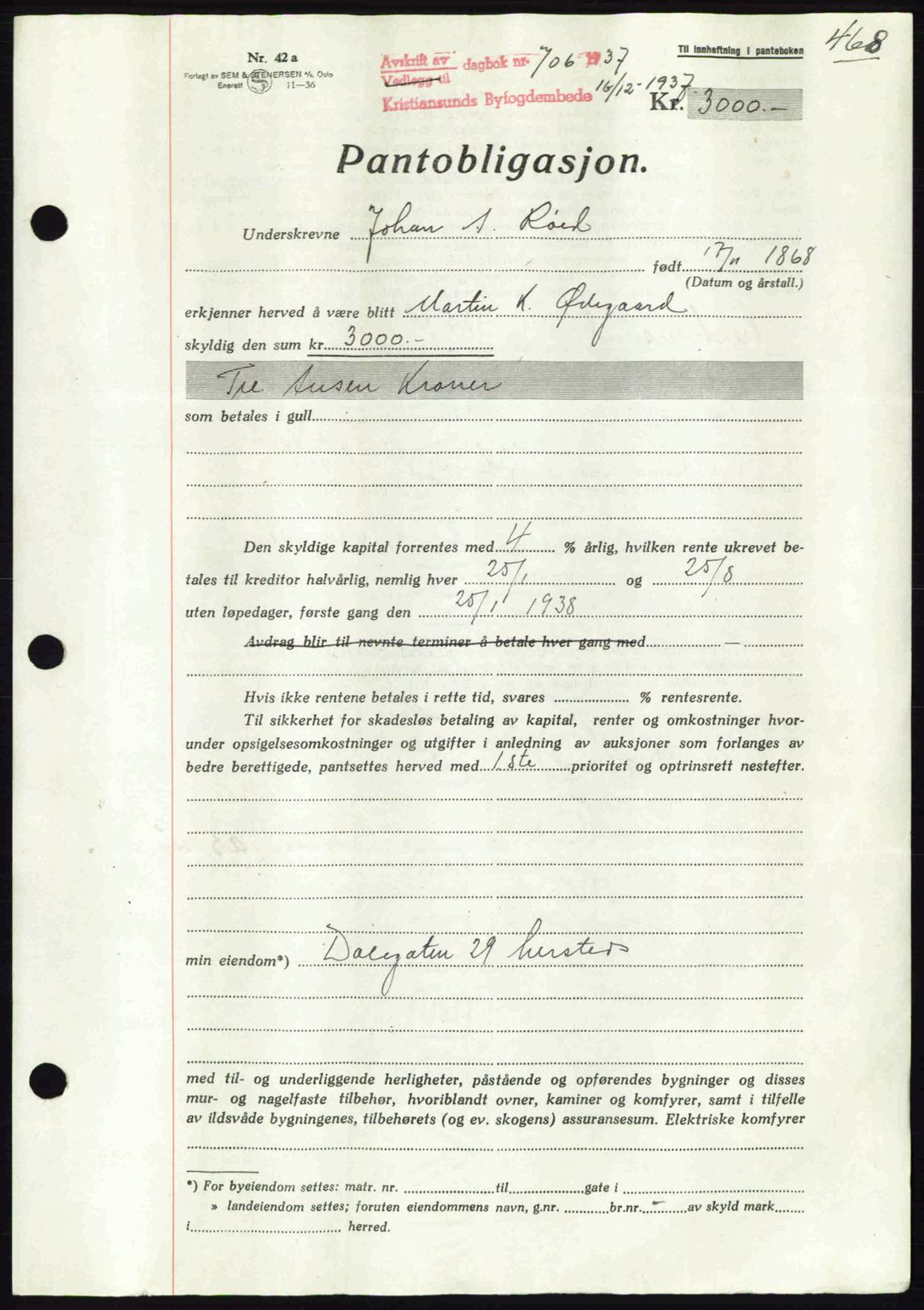 Kristiansund byfogd, AV/SAT-A-4587/A/27: Mortgage book no. 29, 1936-1937, Diary no: : 706/1937