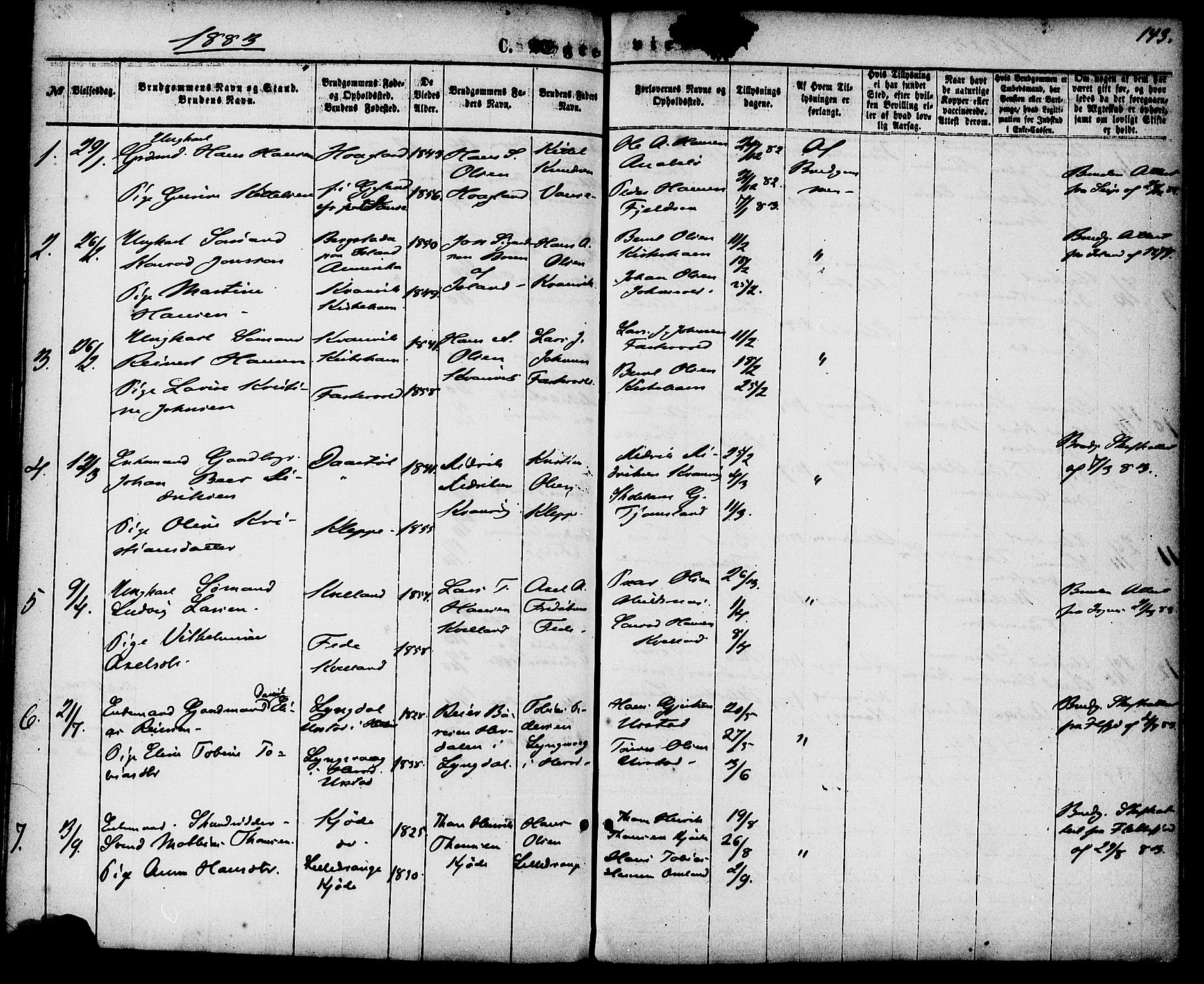 Flekkefjord sokneprestkontor, AV/SAK-1111-0012/F/Fa/Fab/L0005: Parish register (official) no. A 5, 1870-1886, p. 143