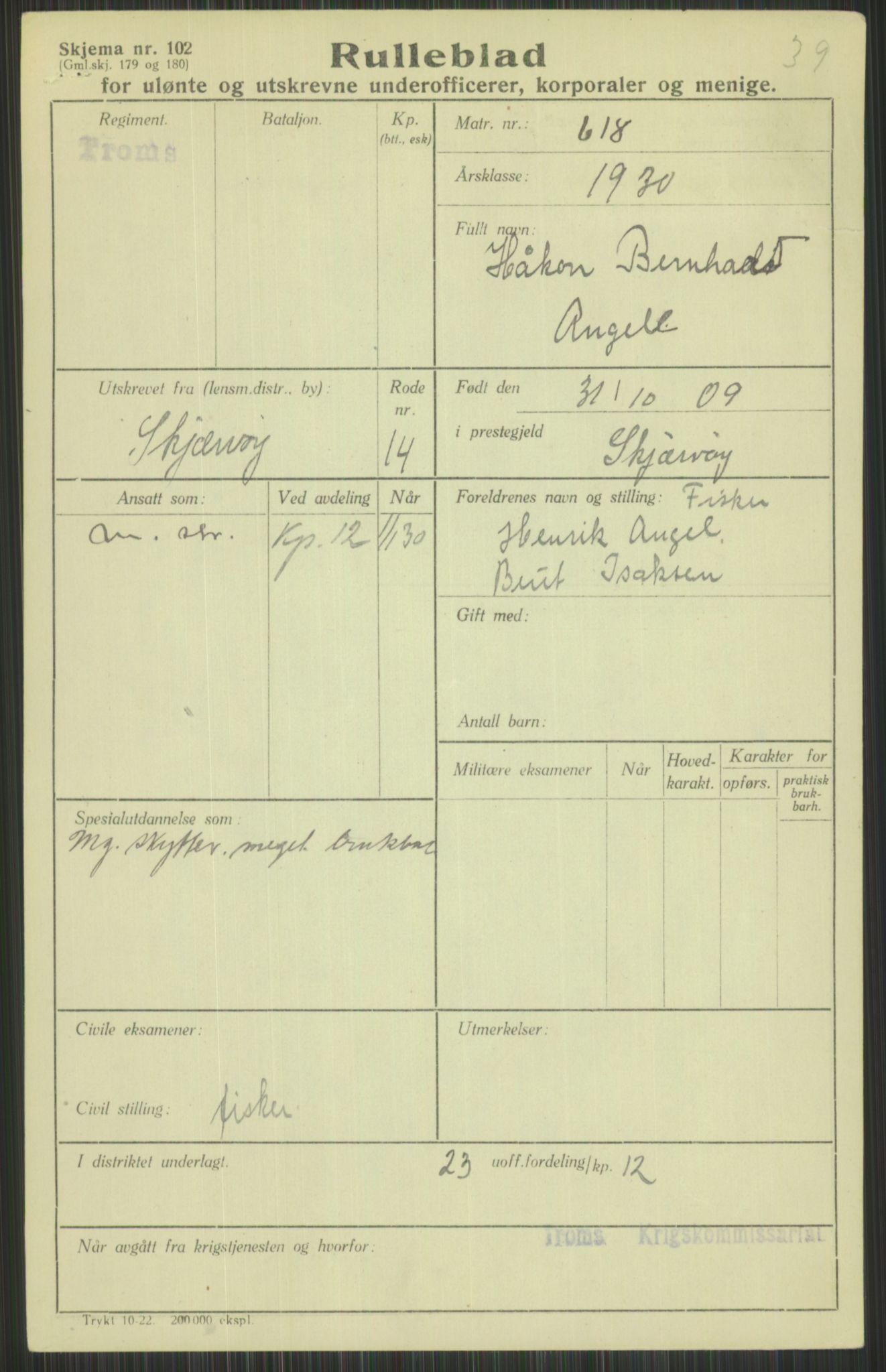 Forsvaret, Troms infanteriregiment nr. 16, AV/RA-RAFA-3146/P/Pa/L0014: Rulleblad for regimentets menige mannskaper, årsklasse 1930, 1930, p. 35