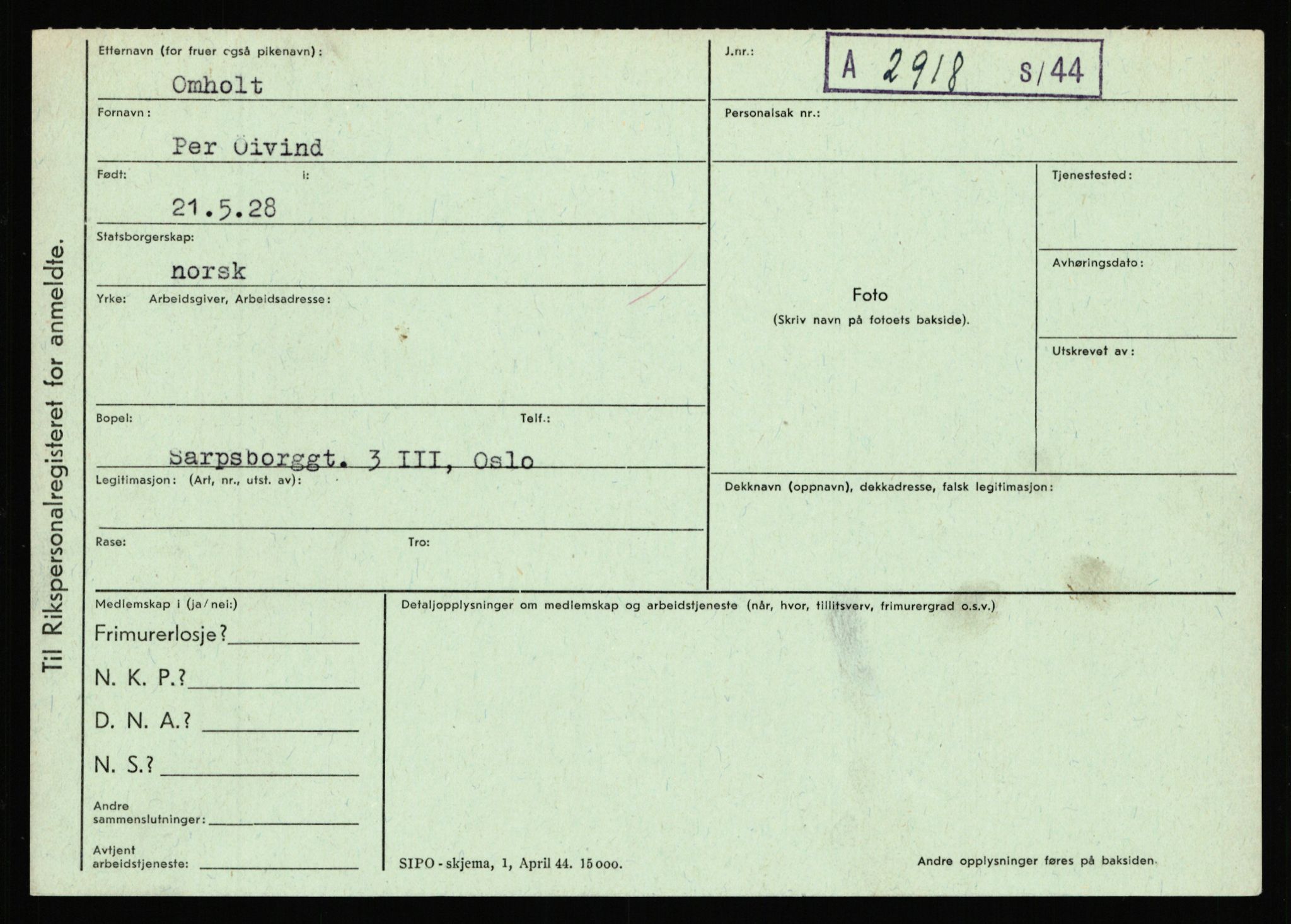 Statspolitiet - Hovedkontoret / Osloavdelingen, AV/RA-S-1329/C/Ca/L0012: Oanæs - Quistgaard	, 1943-1945, p. 2044