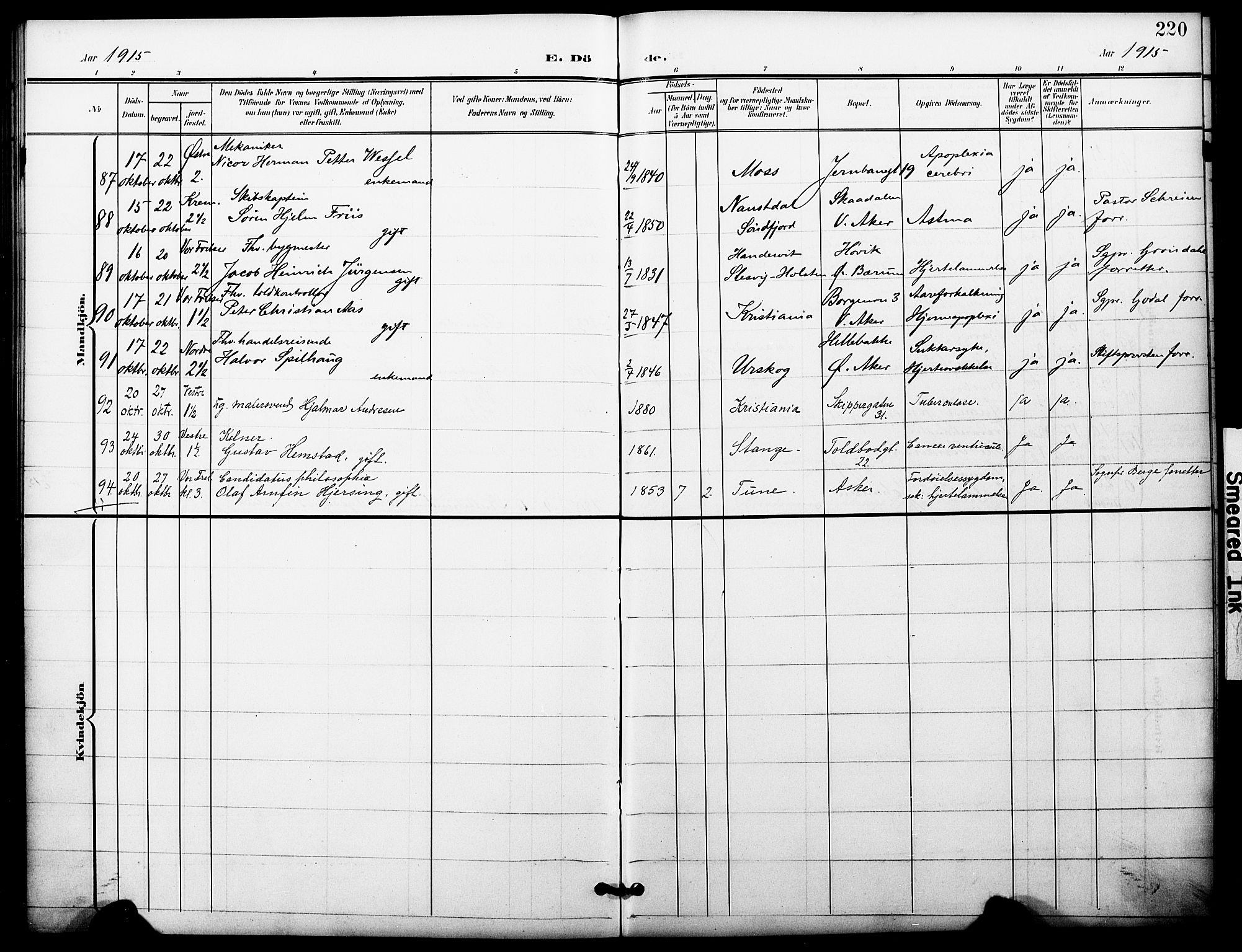 Oslo domkirke Kirkebøker, AV/SAO-A-10752/F/Fa/L0036: Parish register (official) no. 36, 1901-1919, p. 220