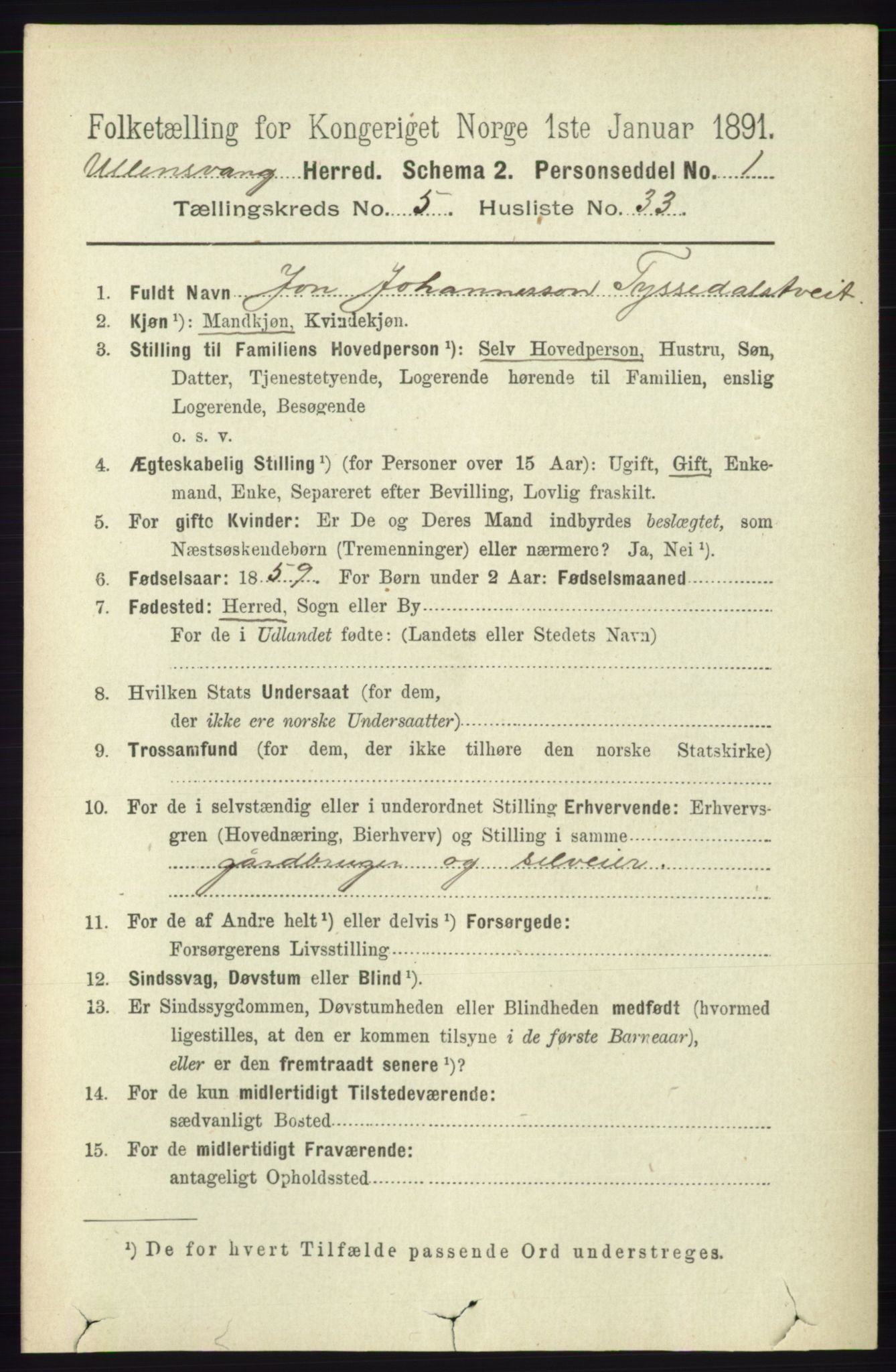 RA, 1891 census for 1230 Ullensvang, 1891, p. 1836