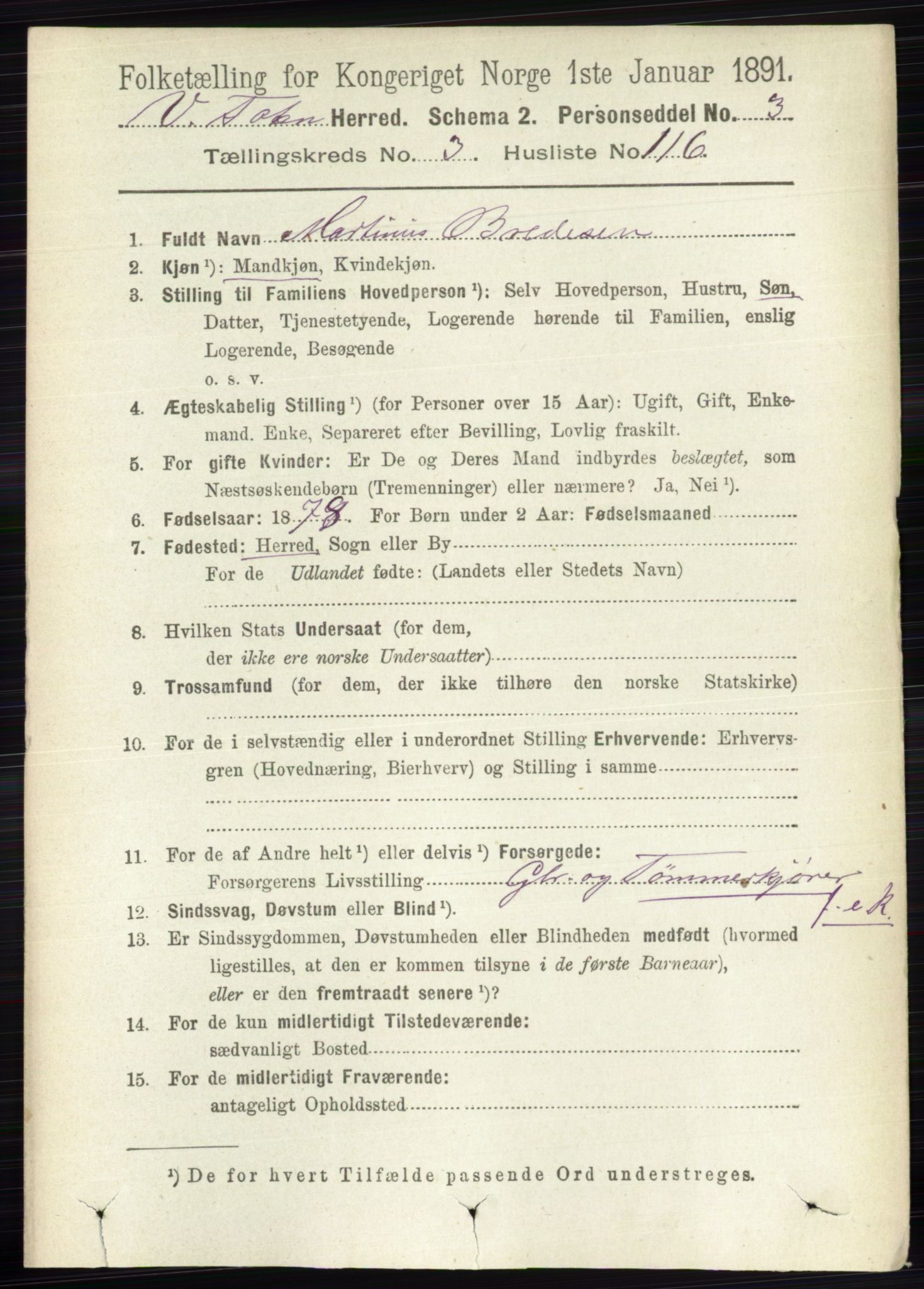 RA, 1891 census for 0529 Vestre Toten, 1891, p. 2579