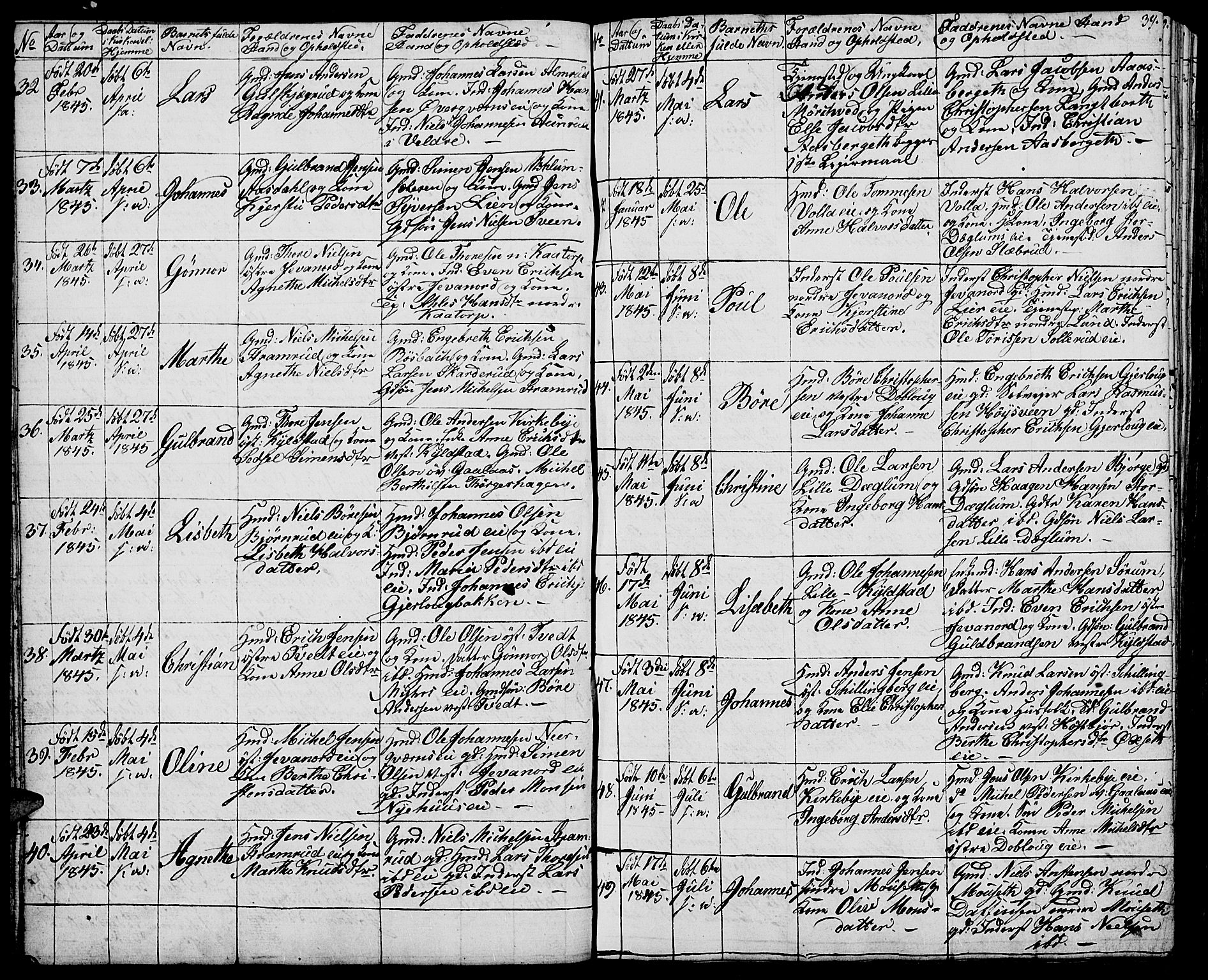 Vang prestekontor, Hedmark, SAH/PREST-008/H/Ha/Hab/L0009: Parish register (copy) no. 9, 1836-1870, p. 39
