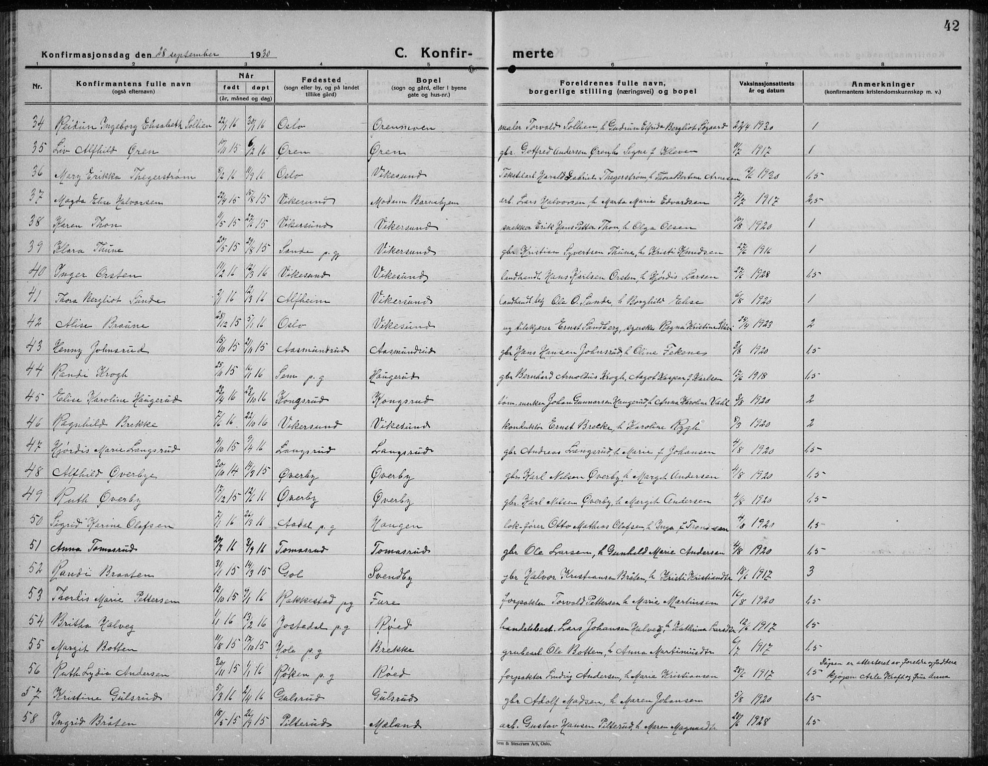 Modum kirkebøker, AV/SAKO-A-234/G/Ga/L0013: Parish register (copy) no. I 13, 1925-1938, p. 42