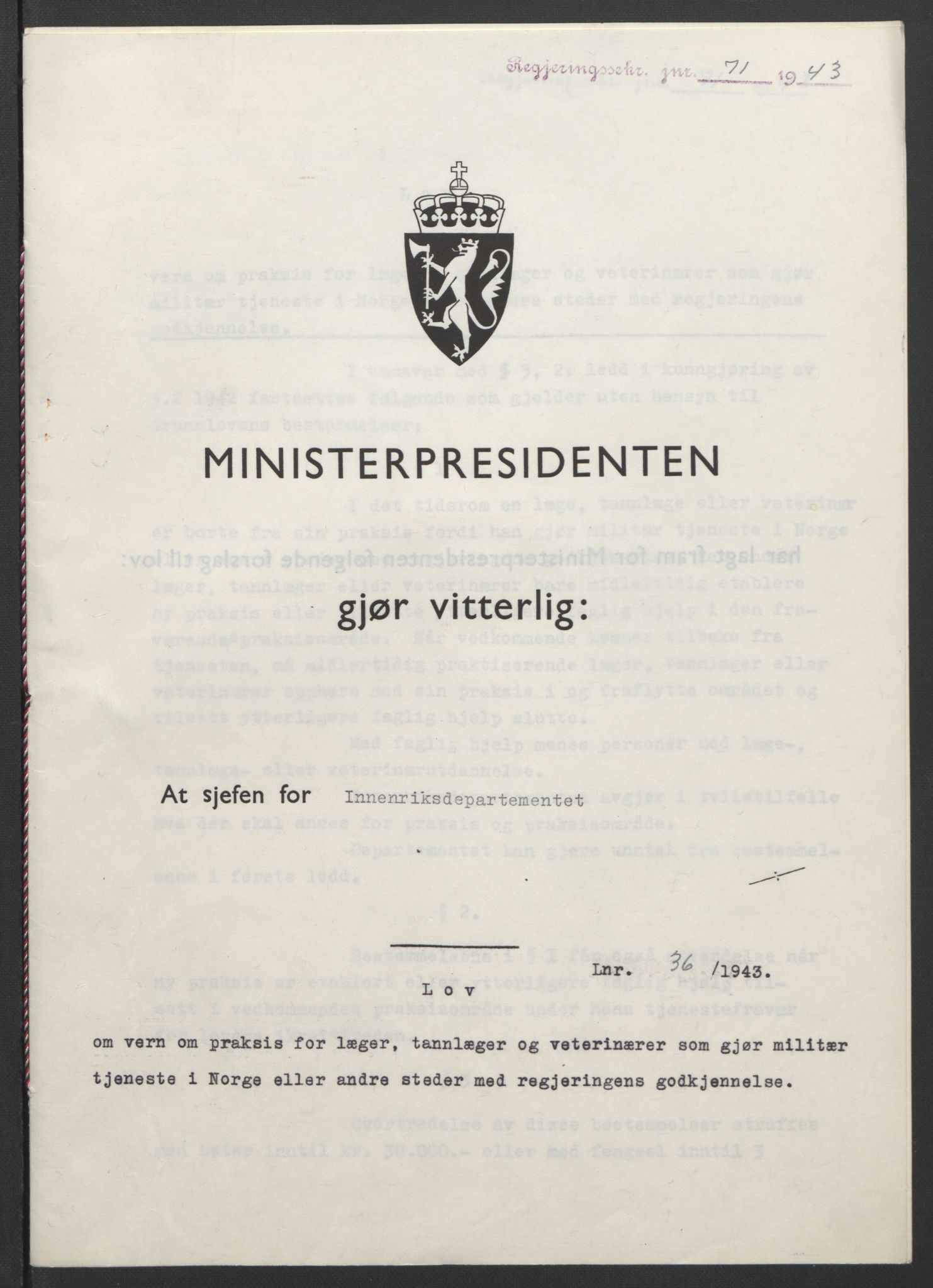 NS-administrasjonen 1940-1945 (Statsrådsekretariatet, de kommisariske statsråder mm), RA/S-4279/D/Db/L0099: Lover, 1943, p. 153