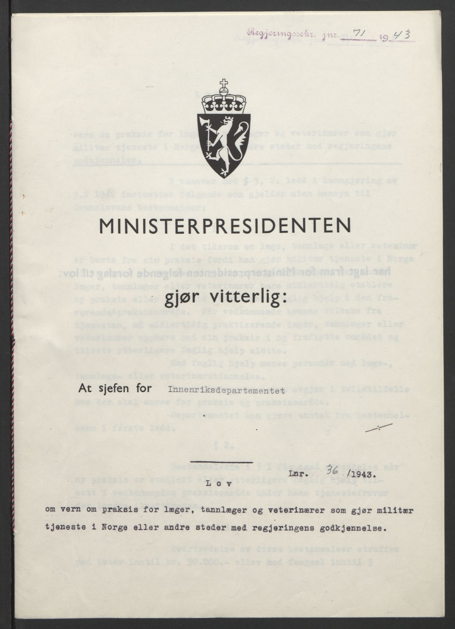 NS-administrasjonen 1940-1945 (Statsrådsekretariatet, de kommisariske statsråder mm), AV/RA-S-4279/D/Db/L0099: Lover, 1943, p. 153