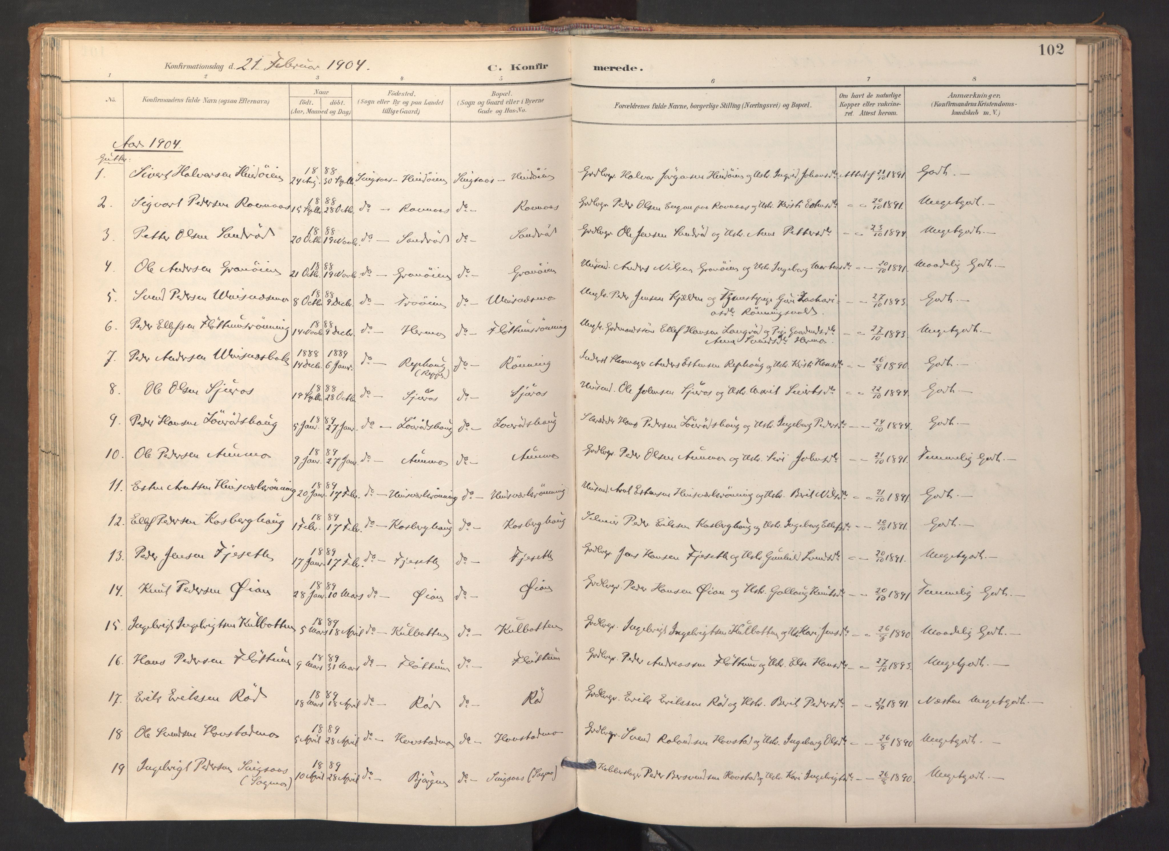 Ministerialprotokoller, klokkerbøker og fødselsregistre - Sør-Trøndelag, SAT/A-1456/688/L1025: Parish register (official) no. 688A02, 1891-1909, p. 102