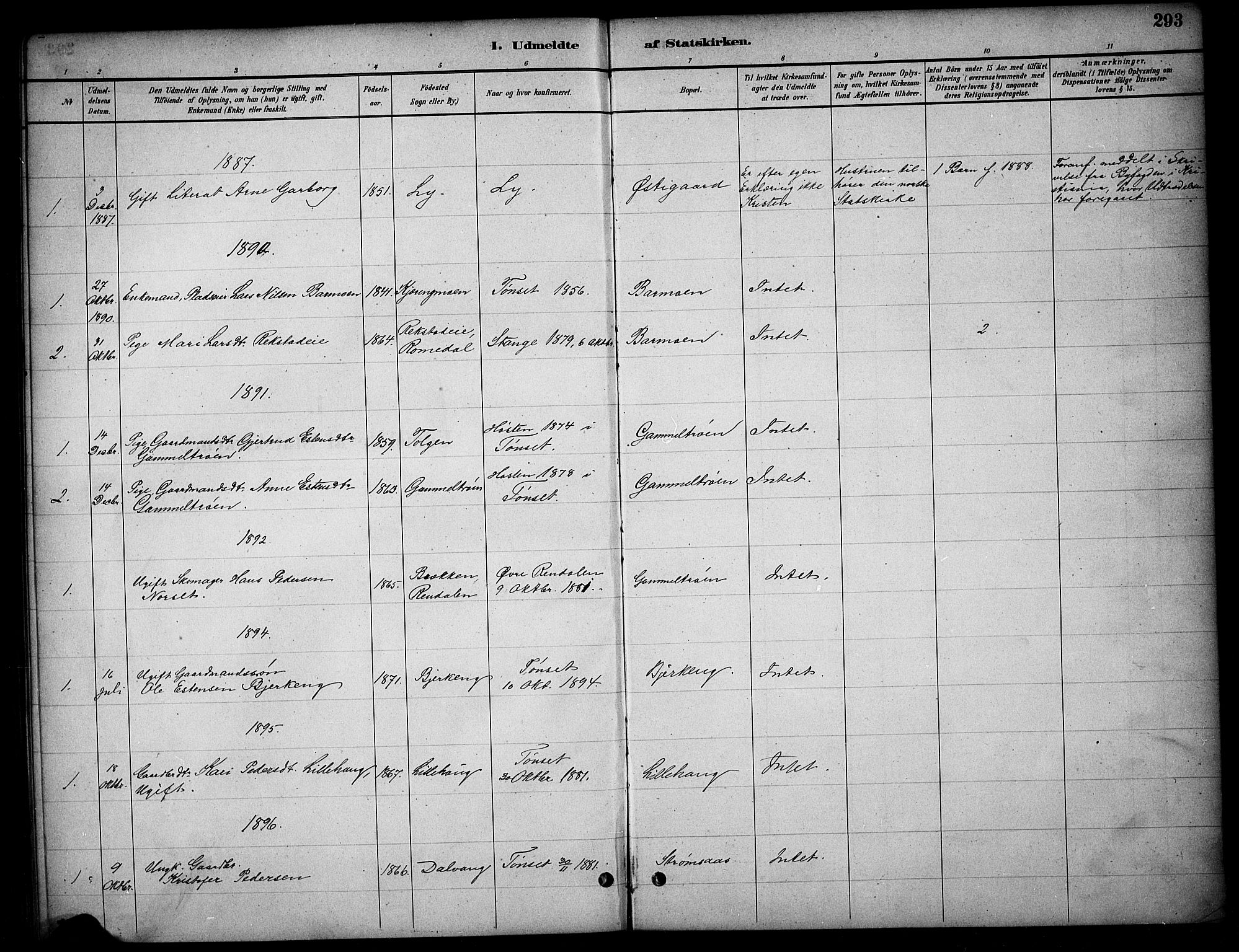 Tynset prestekontor, SAH/PREST-058/H/Ha/Hab/L0006: Parish register (copy) no. 6, 1880-1899, p. 293