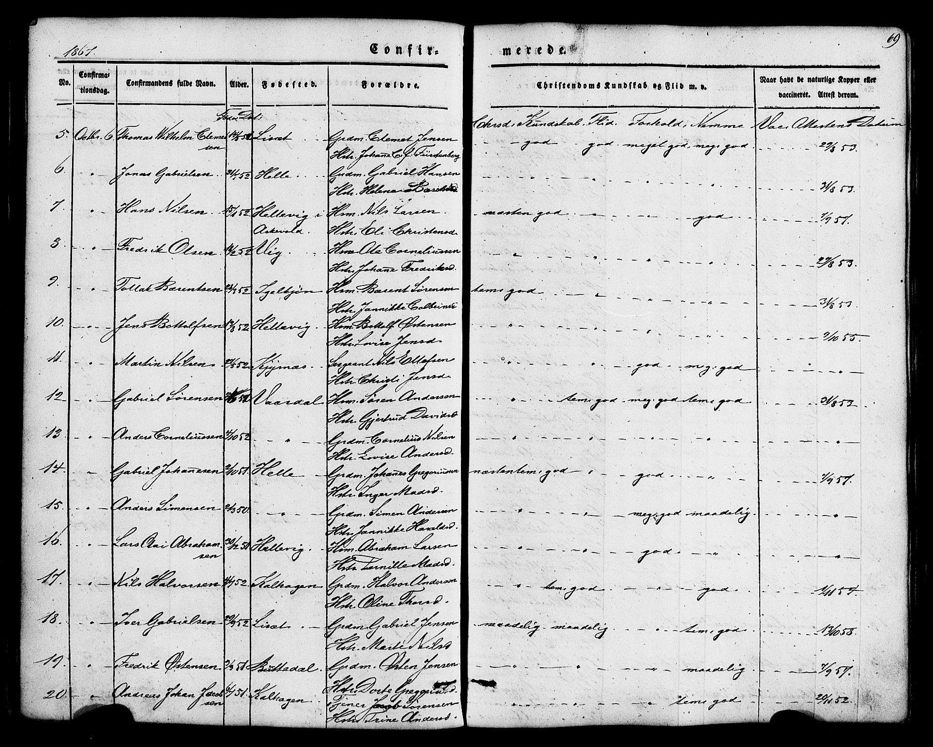 Fjaler sokneprestembete, SAB/A-79801/H/Haa/Haaa/L0008: Parish register (official) no. A 8, 1850-1886, p. 69