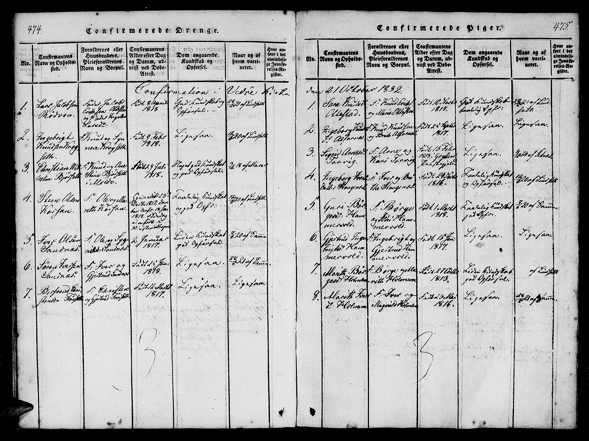 Ministerialprotokoller, klokkerbøker og fødselsregistre - Møre og Romsdal, SAT/A-1454/548/L0612: Parish register (official) no. 548A01, 1818-1846, p. 474-475