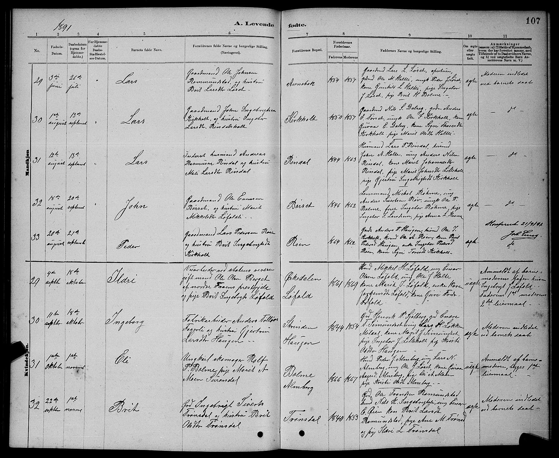 Ministerialprotokoller, klokkerbøker og fødselsregistre - Møre og Romsdal, AV/SAT-A-1454/598/L1077: Parish register (copy) no. 598C02, 1879-1891, p. 107