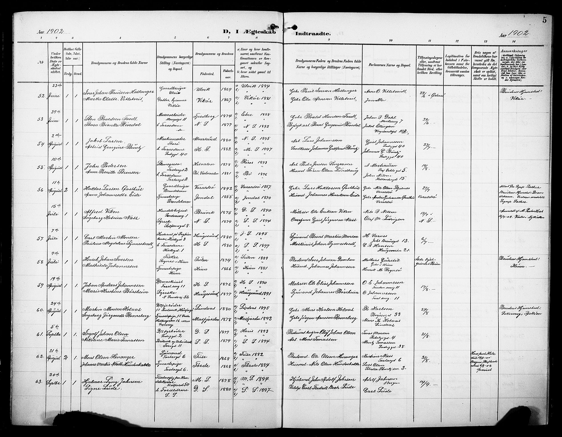 Sandviken Sokneprestembete, AV/SAB-A-77601/H/Hb/L0014: Parish register (copy) no. D 1, 1902-1929, p. 5