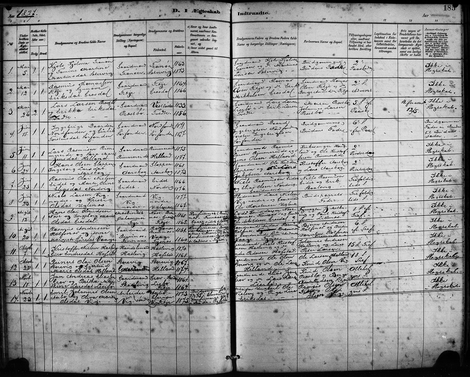 Fitjar sokneprestembete, SAB/A-99926: Parish register (official) no. A 2, 1882-1899, p. 185