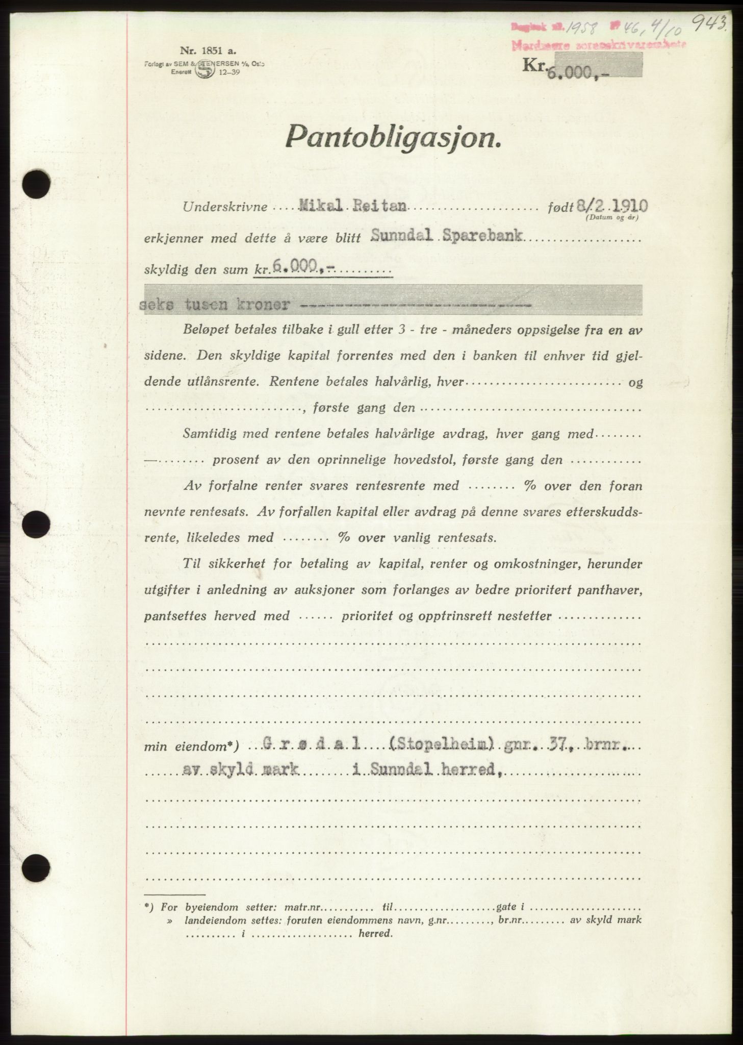 Nordmøre sorenskriveri, AV/SAT-A-4132/1/2/2Ca: Mortgage book no. B94, 1946-1946, Diary no: : 1958/1946