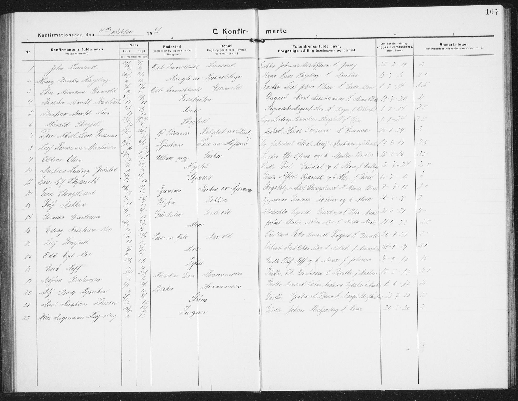 Nes prestekontor Kirkebøker, AV/SAO-A-10410/G/Gb/L0002: Parish register (copy) no. II 2, 1918-1942, p. 107