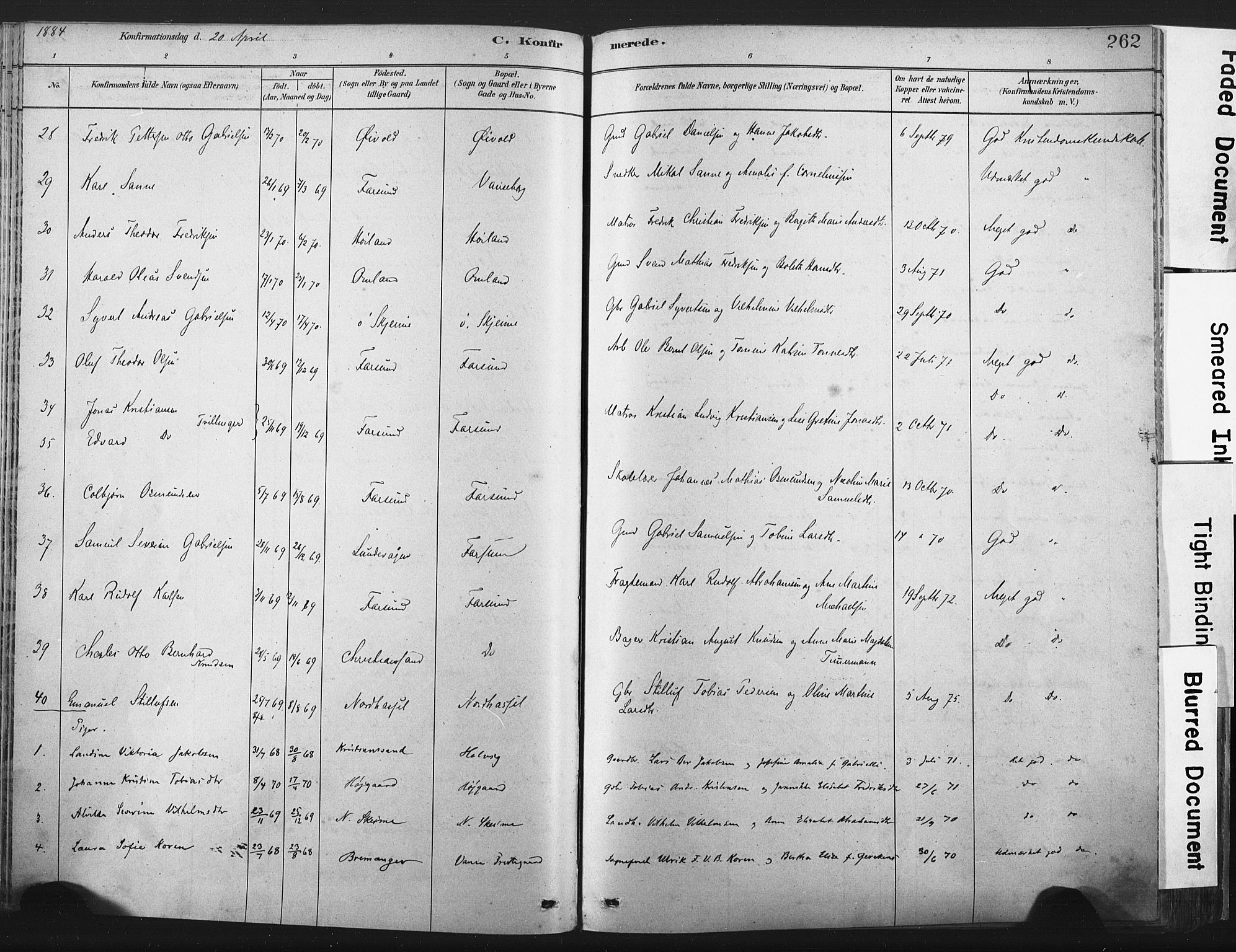 Lista sokneprestkontor, AV/SAK-1111-0027/F/Fa/L0012: Parish register (official) no. A 12, 1879-1903, p. 262