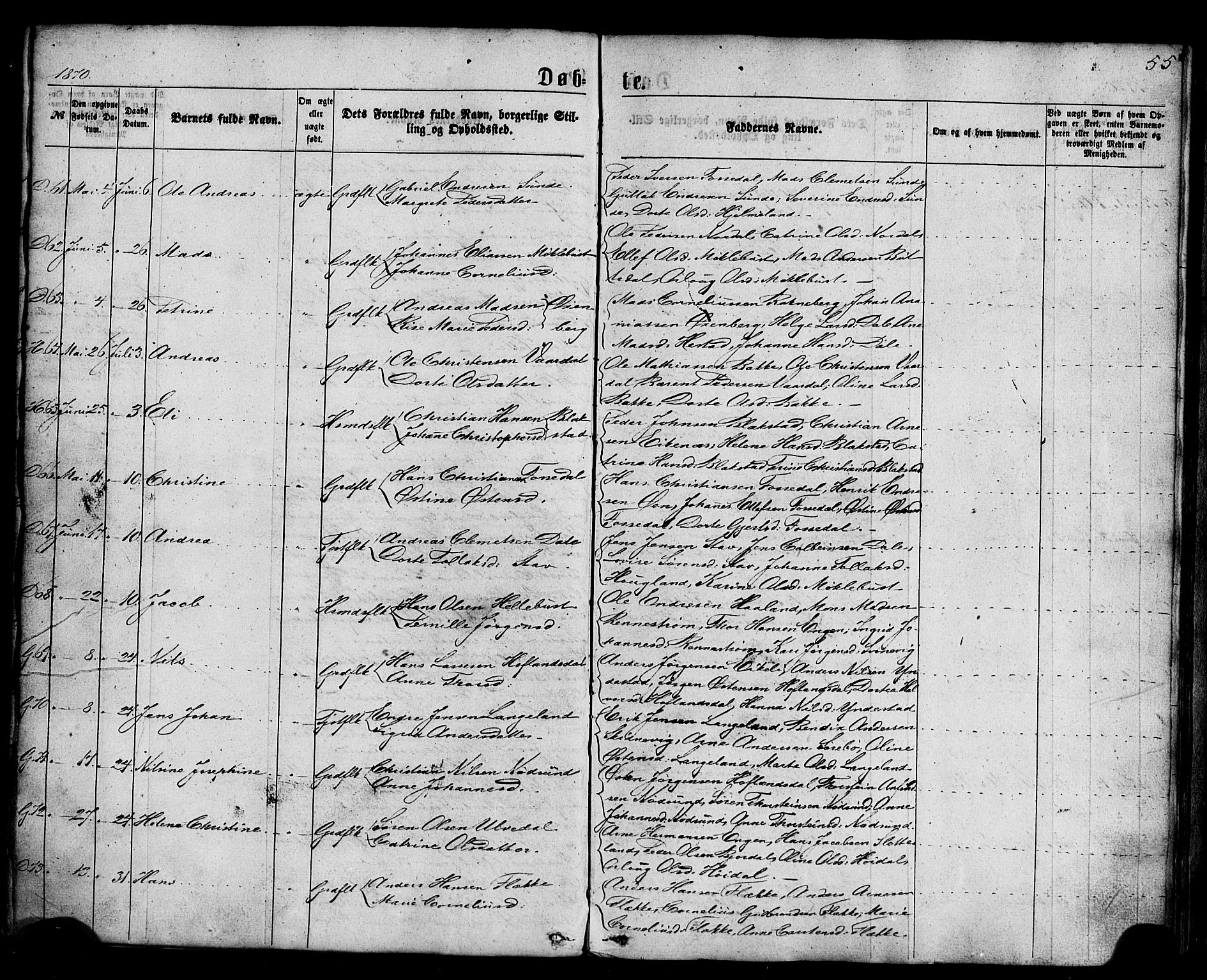 Fjaler sokneprestembete, AV/SAB-A-79801/H/Haa/Haaa/L0007: Parish register (official) no. A 7, 1862-1881, p. 55