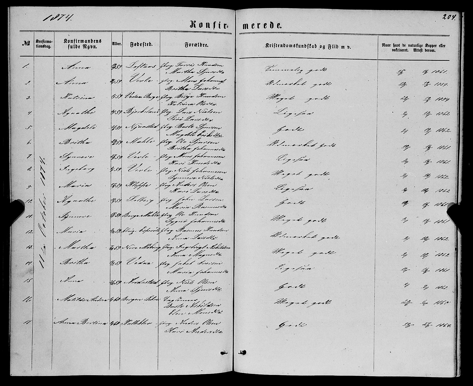 Haus sokneprestembete, AV/SAB-A-75601/H/Haa: Parish register (official) no. A 18, 1871-1877, p. 204