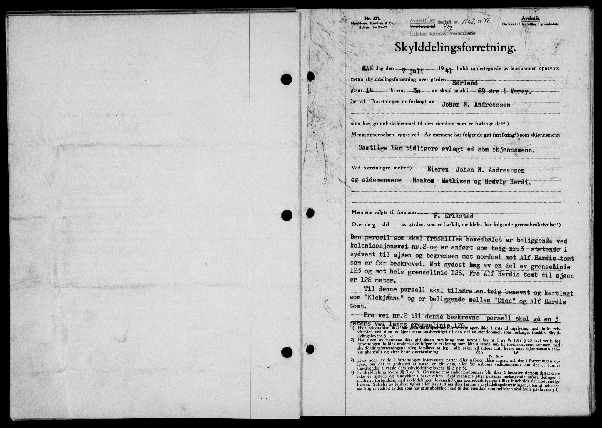 Lofoten sorenskriveri, SAT/A-0017/1/2/2C/L0008a: Mortgage book no. 8a, 1940-1941, Diary no: : 1162/1941