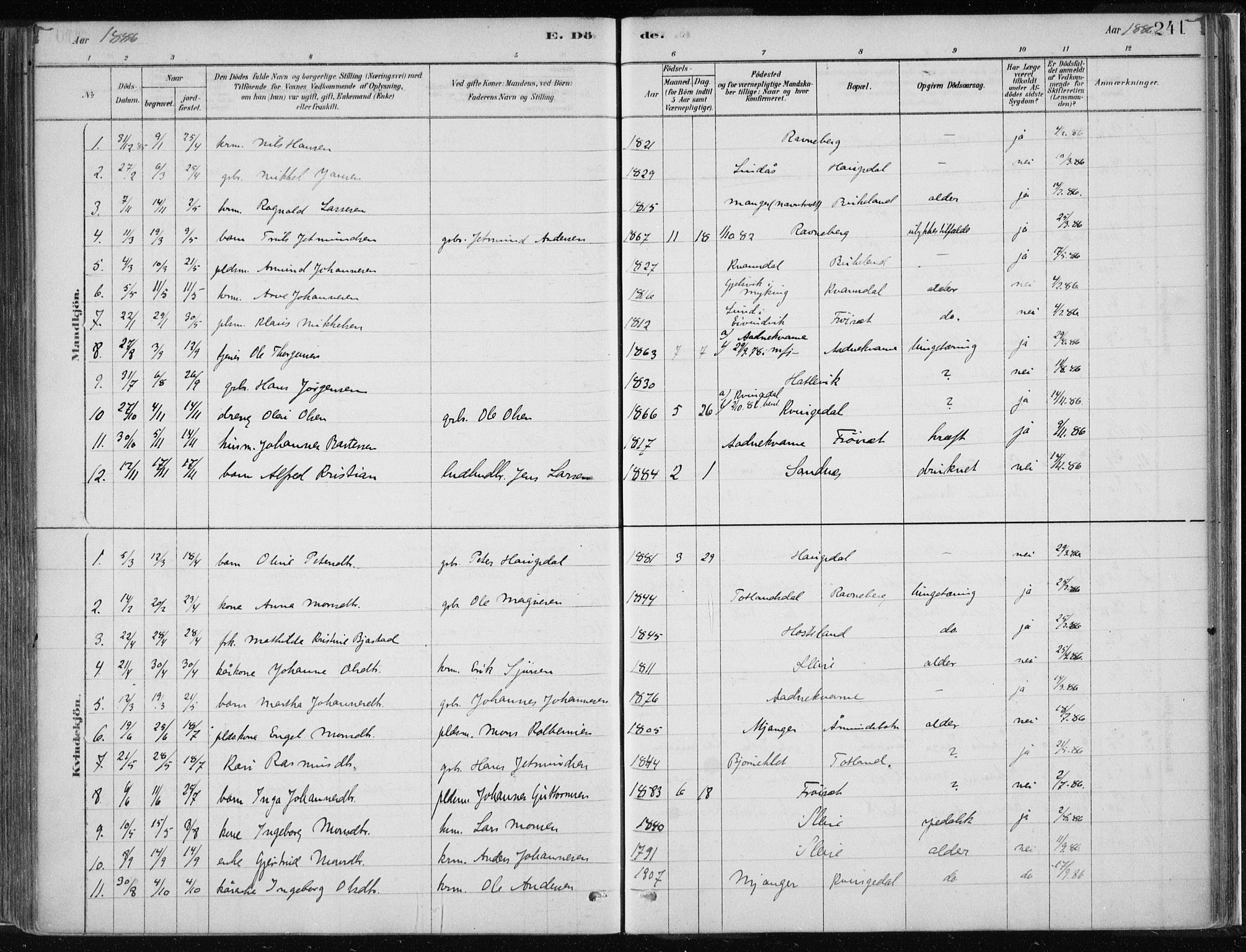 Masfjorden Sokneprestembete, SAB/A-77001: Parish register (official) no. B  1, 1876-1899, p. 241