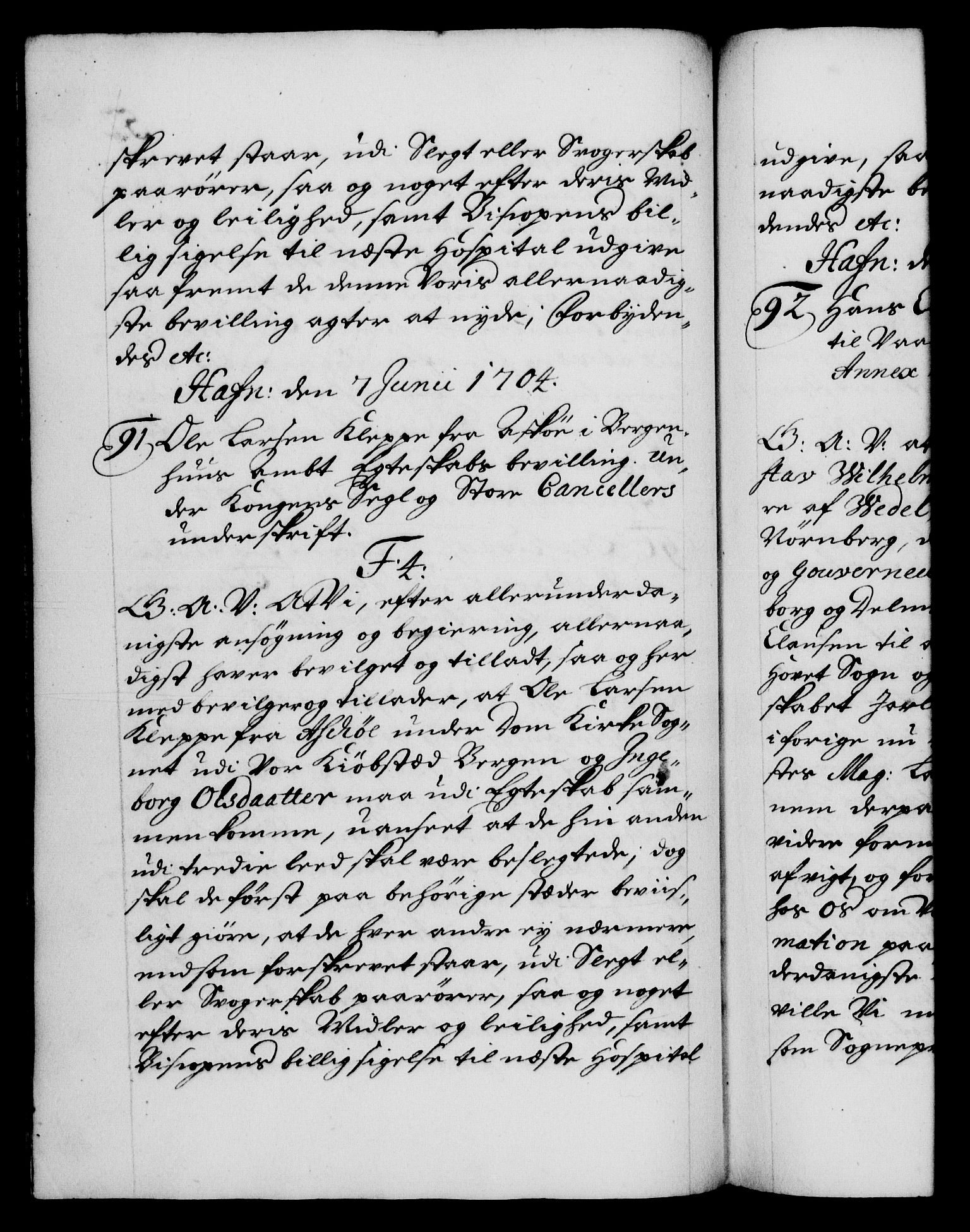 Danske Kanselli 1572-1799, AV/RA-EA-3023/F/Fc/Fca/Fcaa/L0019: Norske registre, 1704-1707, p. 52b