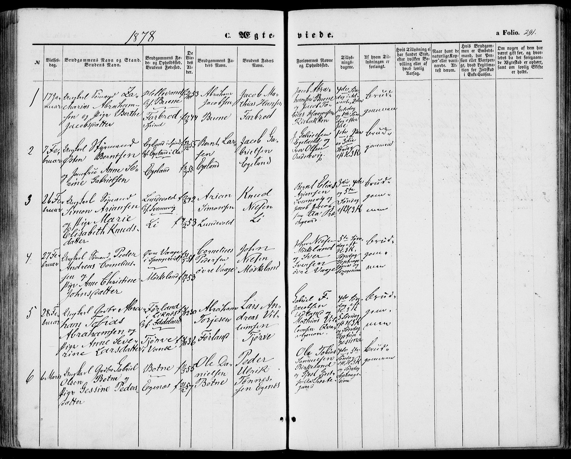 Lyngdal sokneprestkontor, SAK/1111-0029/F/Fa/Fac/L0010: Parish register (official) no. A 10, 1865-1878, p. 291