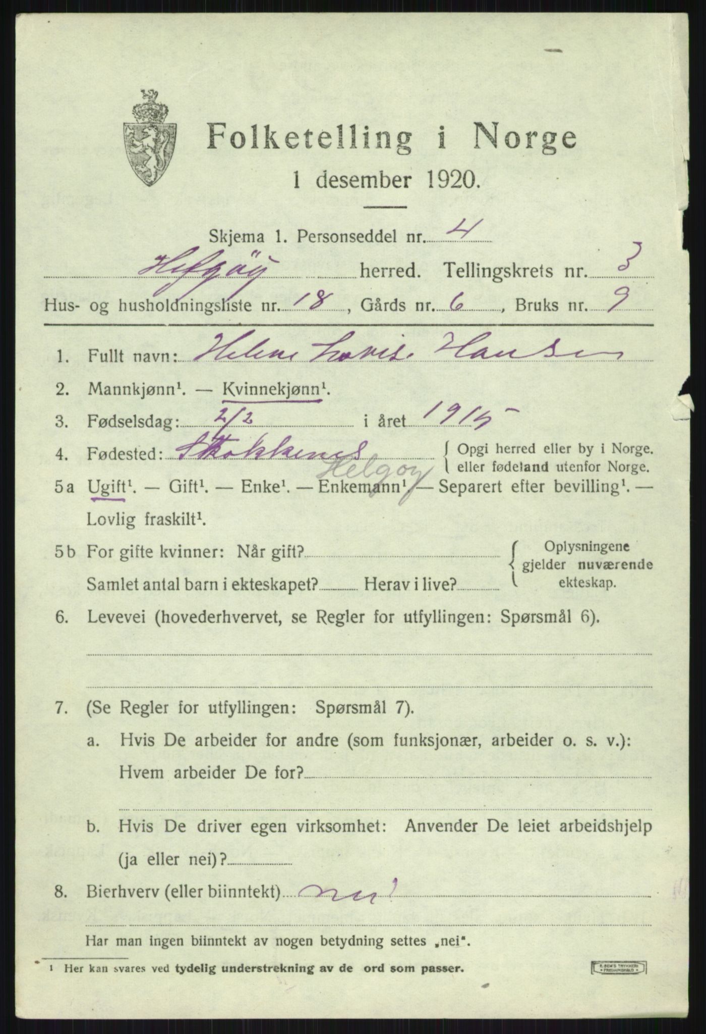 SATØ, 1920 census for Helgøy, 1920, p. 1623