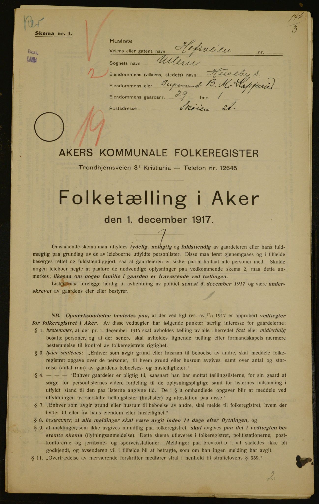 OBA, Municipal Census 1917 for Aker, 1917, p. 4290