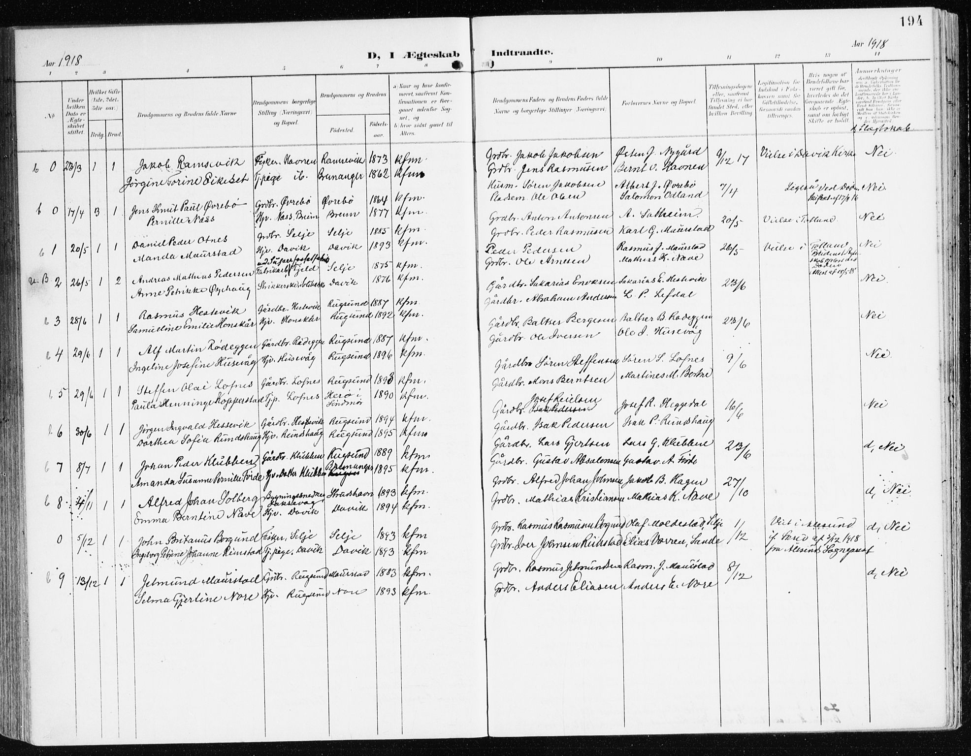 Davik sokneprestembete, AV/SAB-A-79701/H/Haa/Haad/L0002: Parish register (official) no. D 2, 1901-1930, p. 194