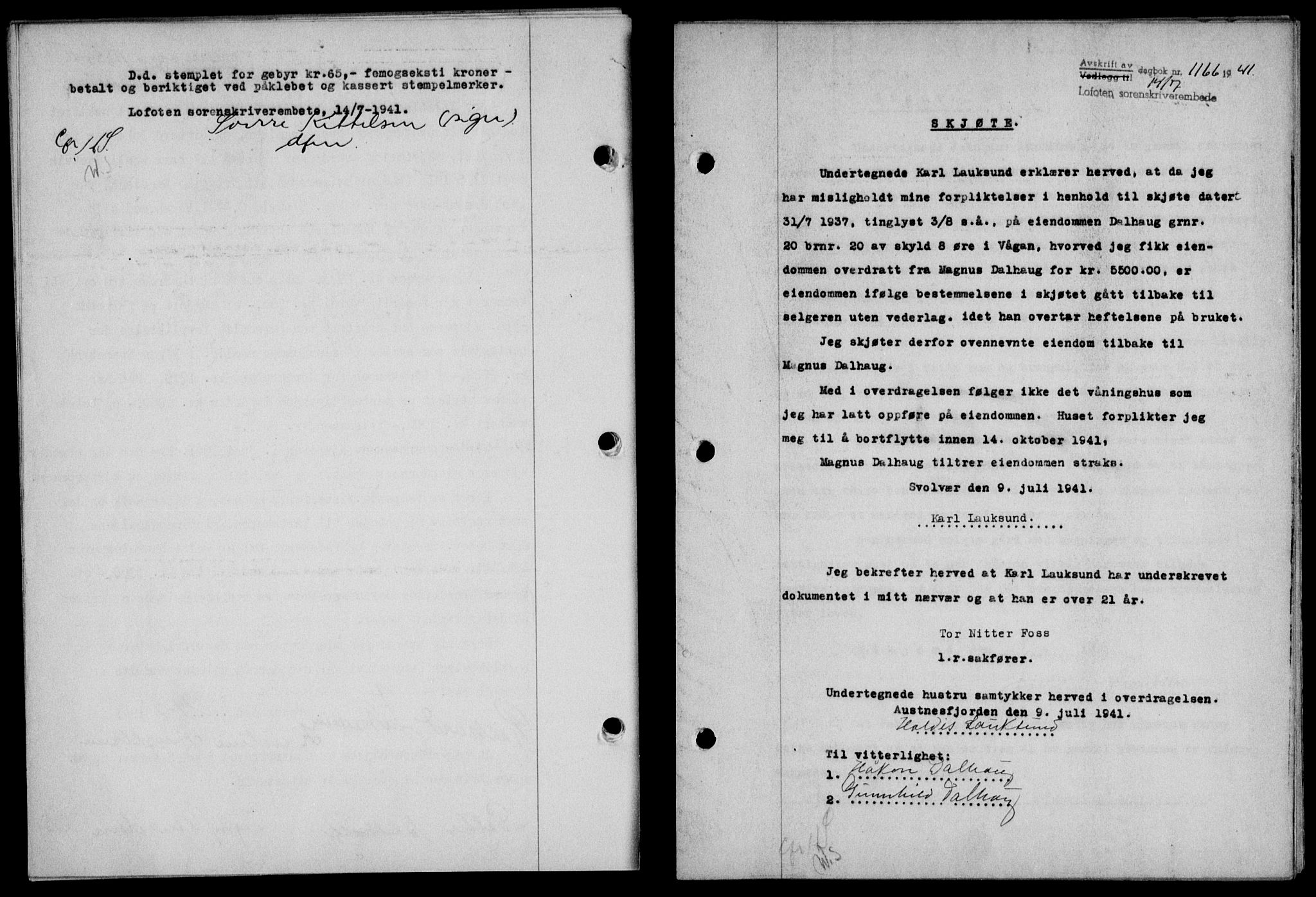 Lofoten sorenskriveri, SAT/A-0017/1/2/2C/L0008a: Mortgage book no. 8a, 1940-1941, Diary no: : 1166/1941