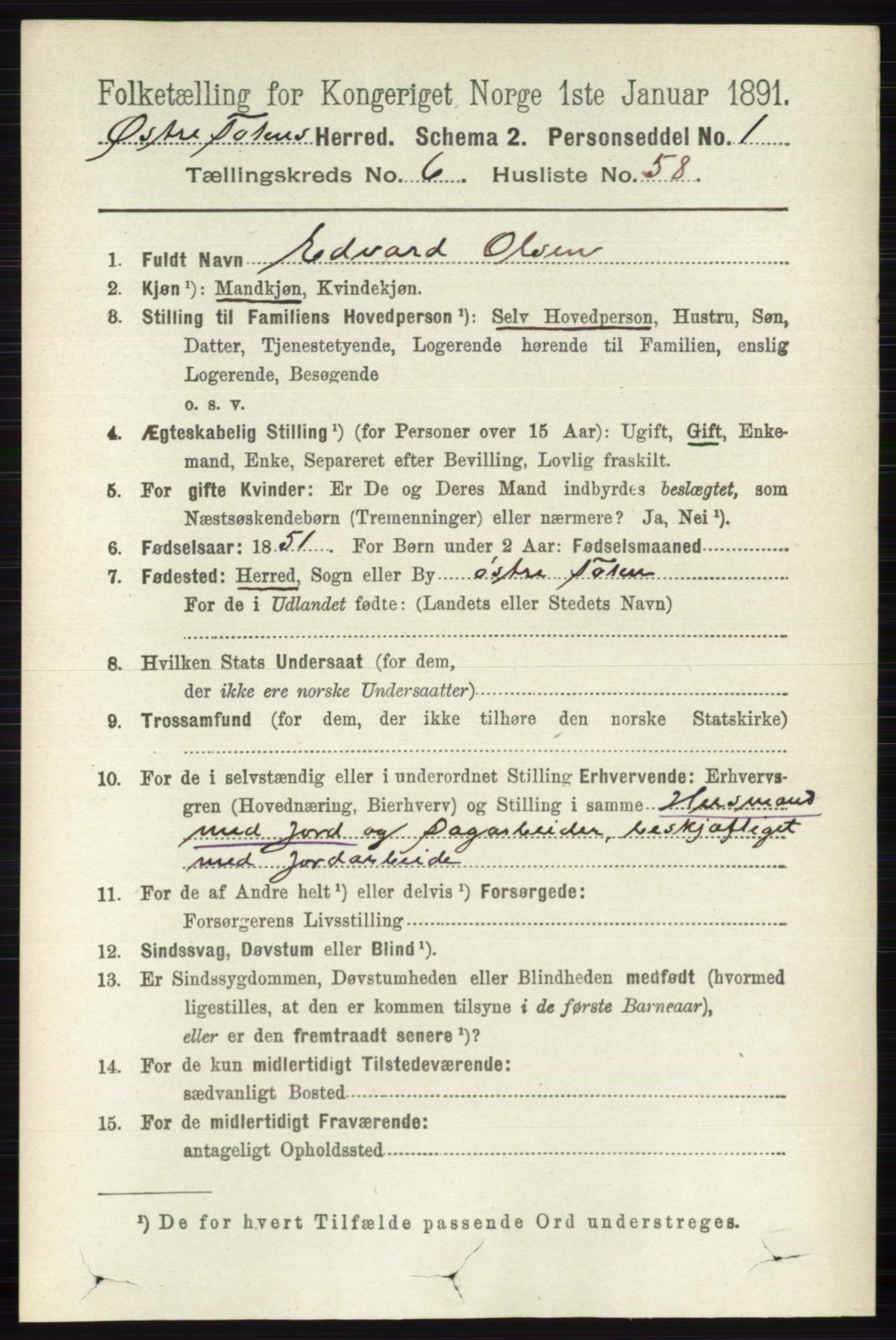 RA, 1891 census for 0528 Østre Toten, 1891, p. 4131