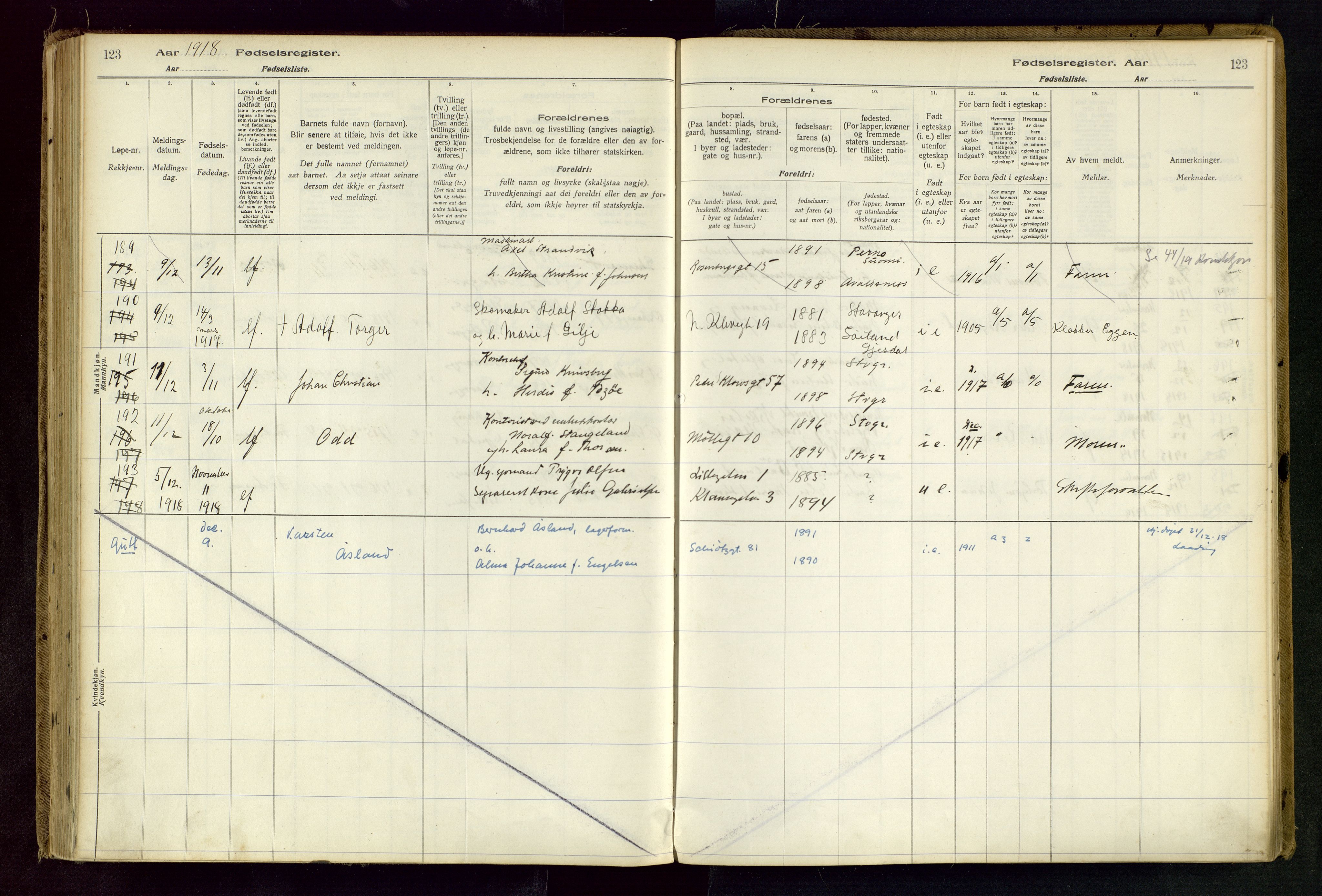 Domkirken sokneprestkontor, AV/SAST-A-101812/002/B/L0001: Birth register no. 1, 1916-1920, p. 123