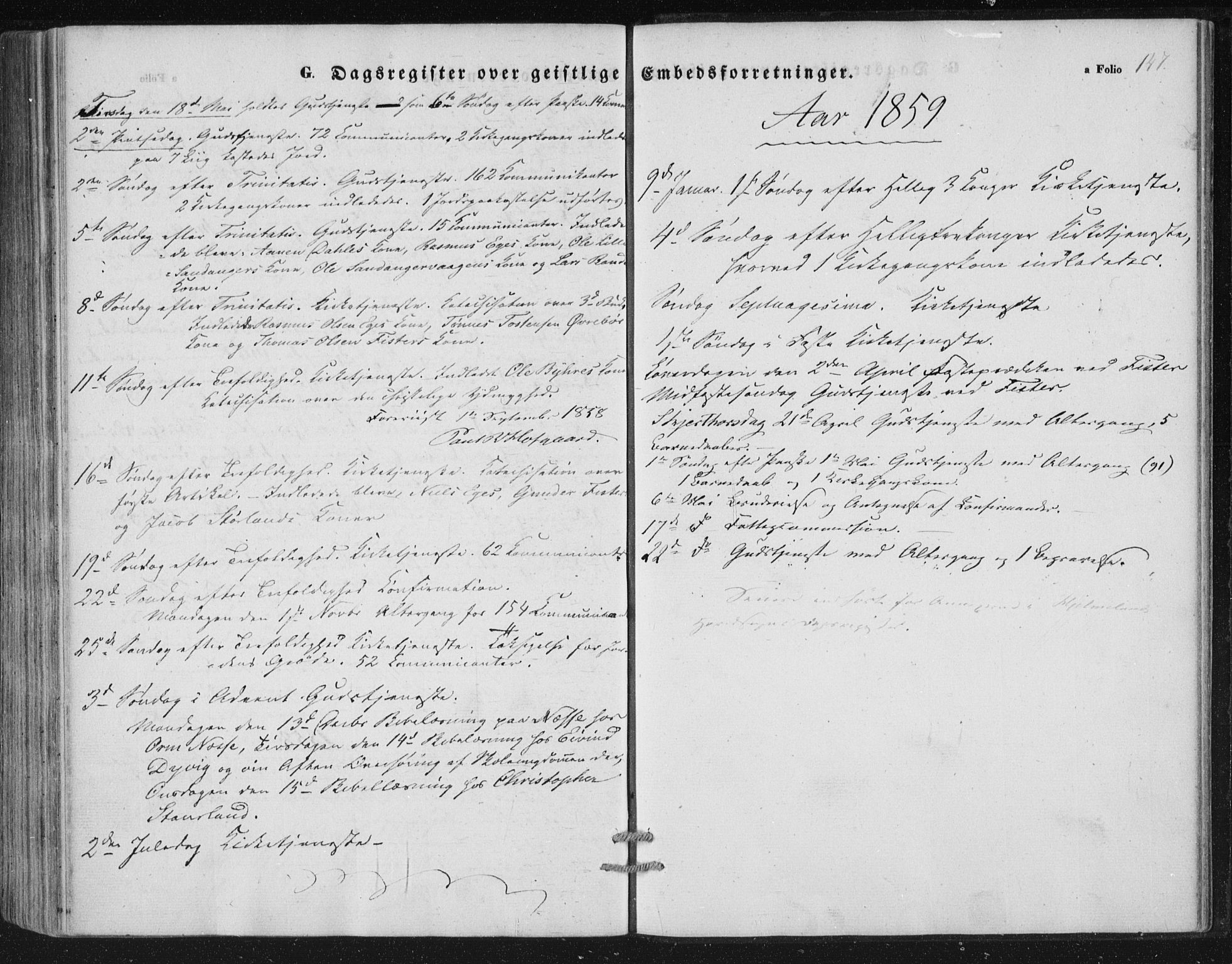 Hjelmeland sokneprestkontor, AV/SAST-A-101843/01/IV/L0010: Parish register (official) no. A 10, 1851-1871, p. 147