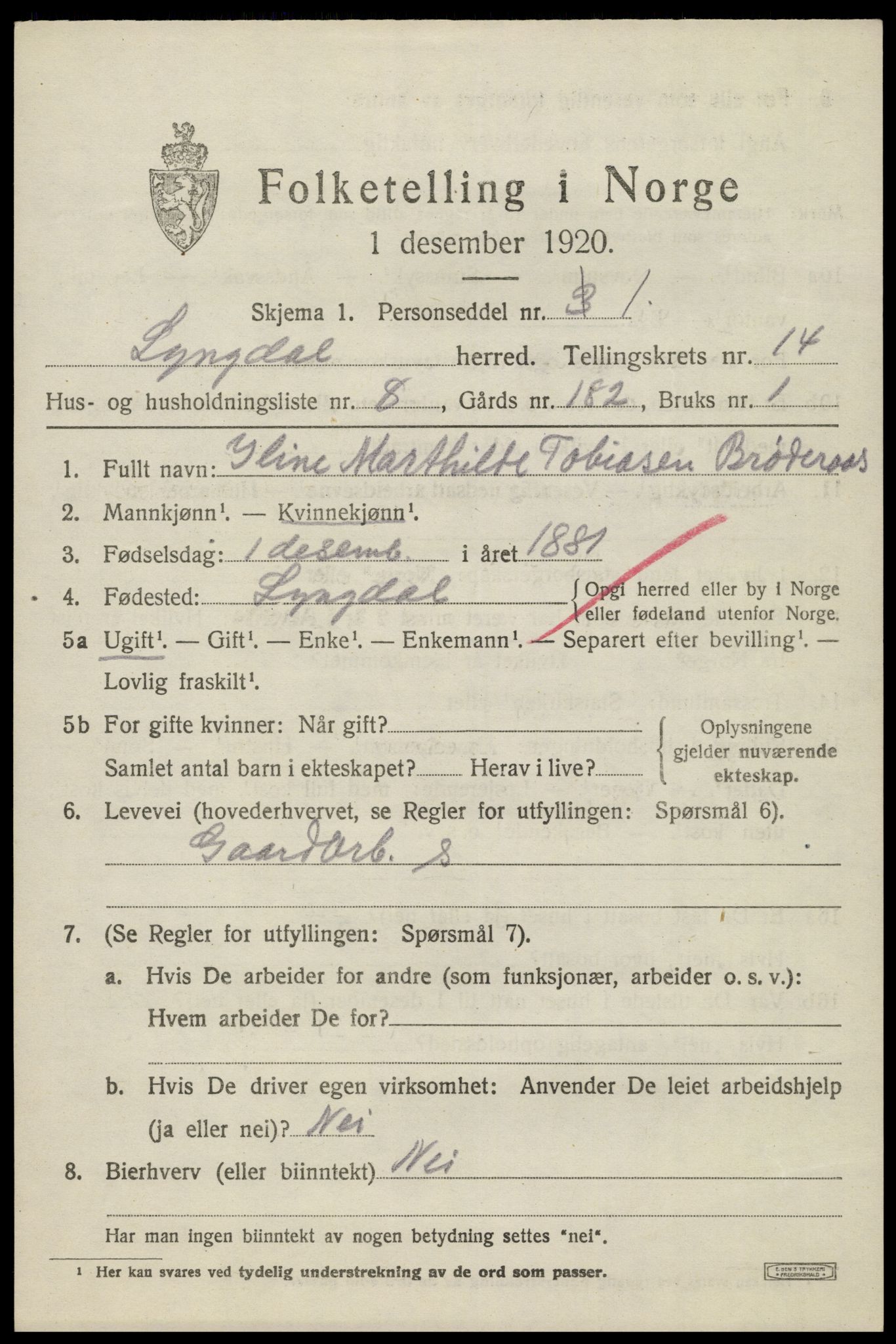 SAK, 1920 census for Lyngdal, 1920, p. 6047