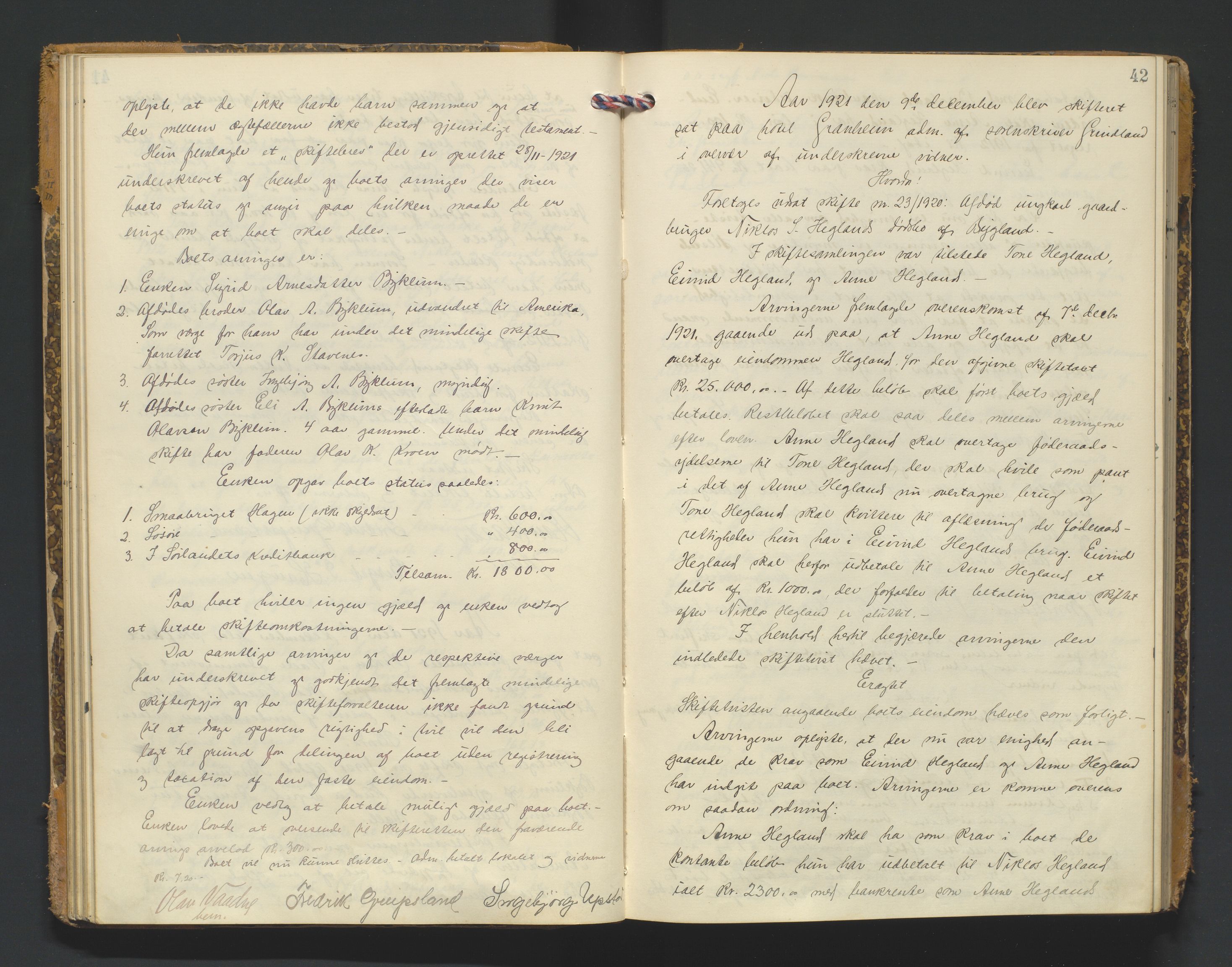 Setesdal sorenskriveri, AV/SAK-1221-0011/H/Hc/L0040: Skifteforhandlingsprotokoll nr 12, 1920-1927, p. 42