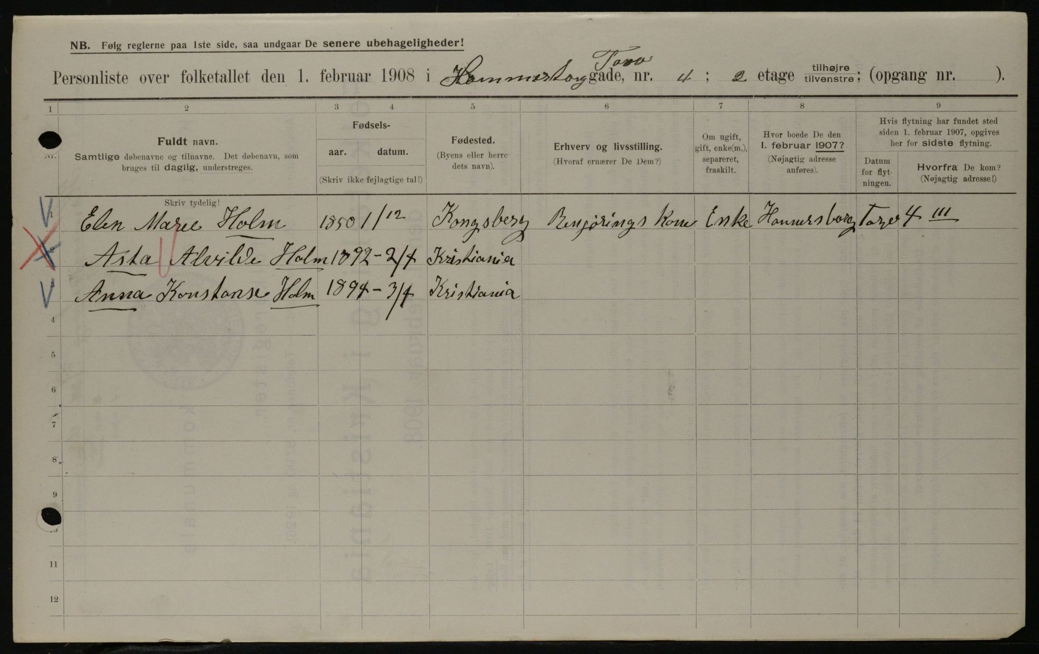 OBA, Municipal Census 1908 for Kristiania, 1908, p. 31015