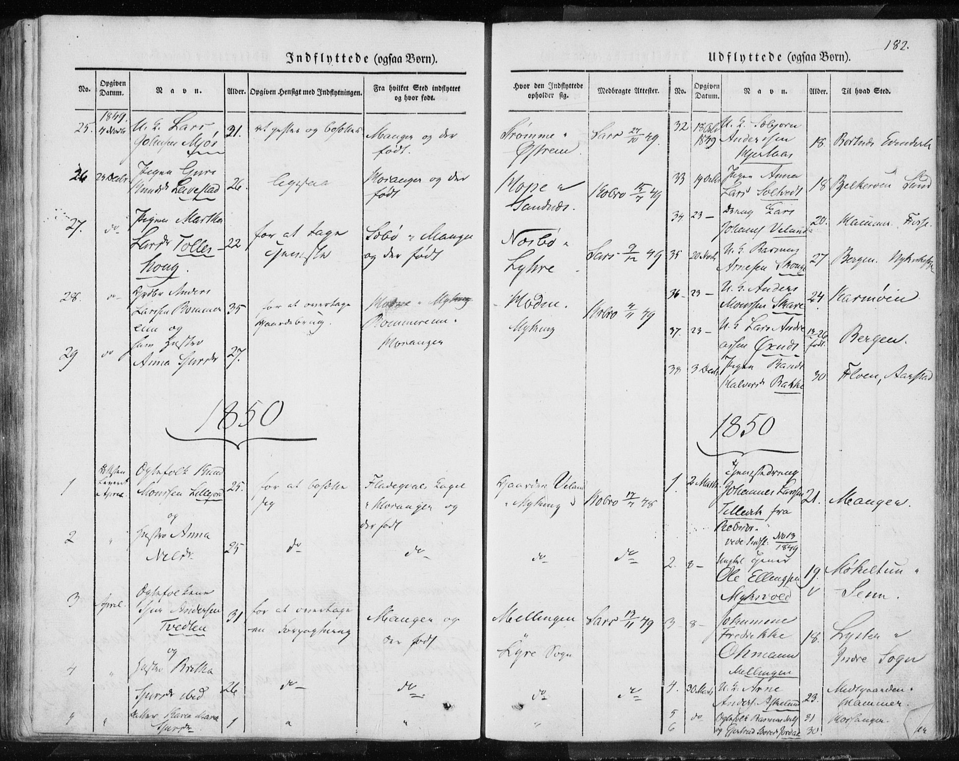 Lindås Sokneprestembete, AV/SAB-A-76701/H/Haa/Haaa/L0010: Parish register (official) no. A 10, 1842-1862, p. 182