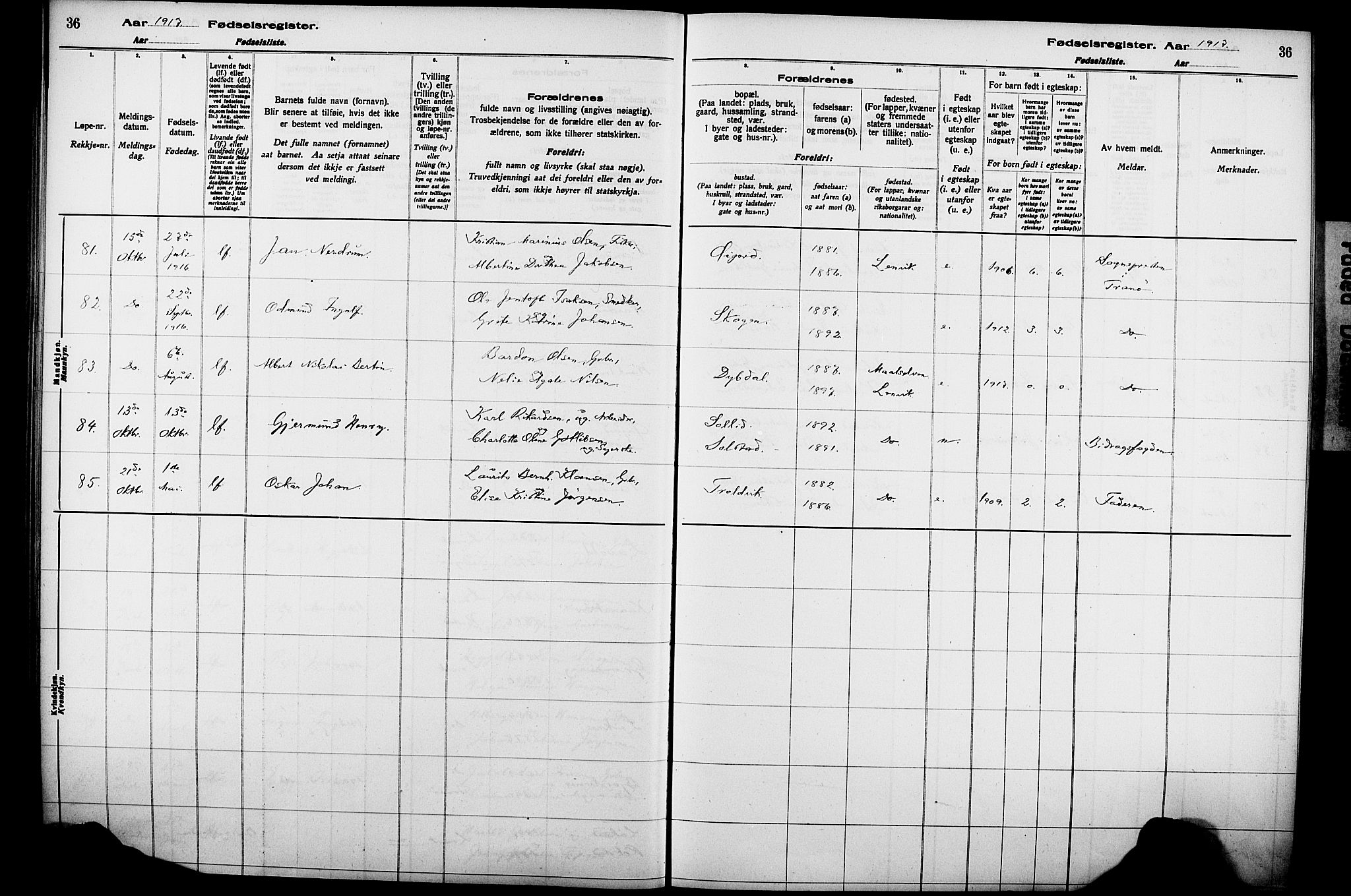 Lenvik sokneprestembete, AV/SATØ-S-1310/I/Ic/L0089: Birth register no. 89, 1916-1926, p. 36