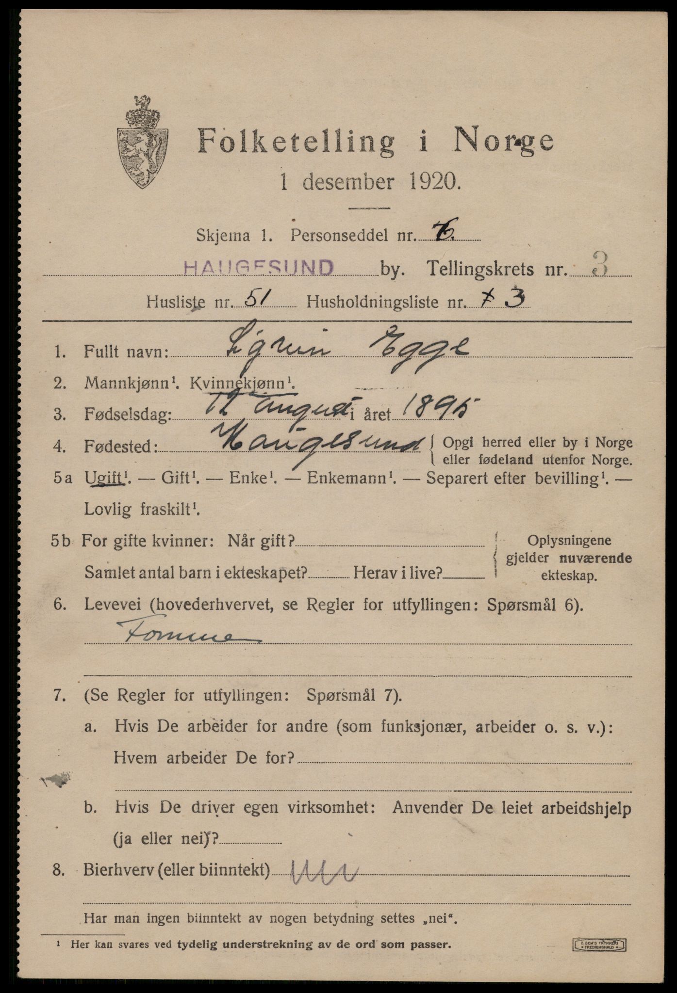 SAST, 1920 census for Haugesund, 1920, p. 14865